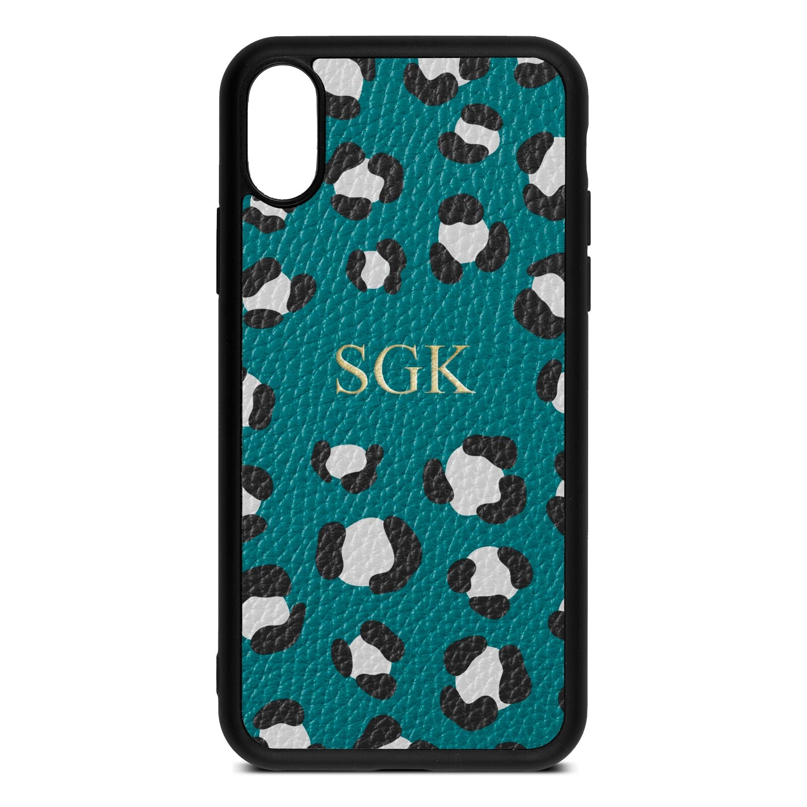 Personalised Leopard Print Embossed Green Pebble Leather iPhone Xs Case