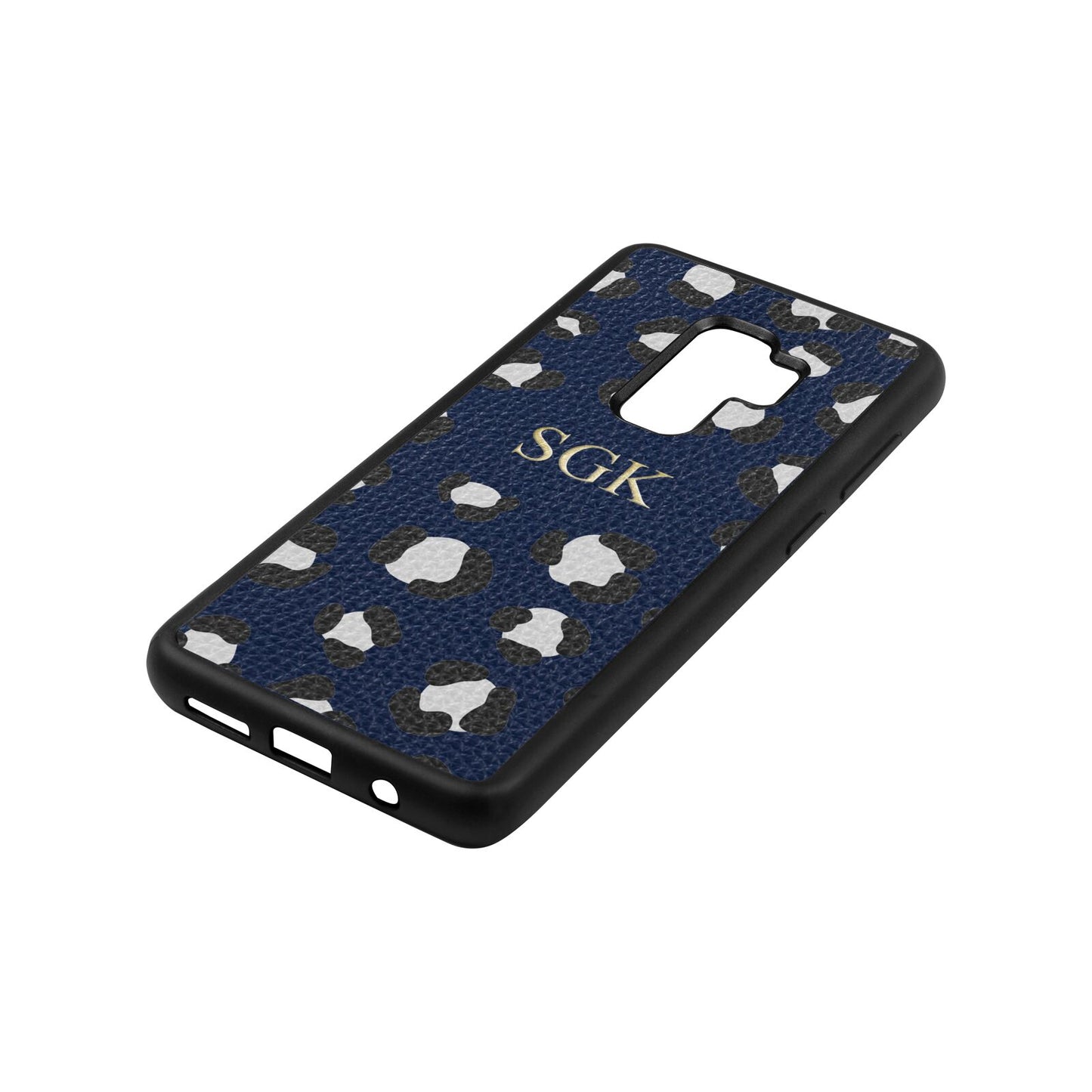 Personalised Leopard Print Embossed Navy Blue Pebble Leather Samsung S9 Plus Case Side Angle