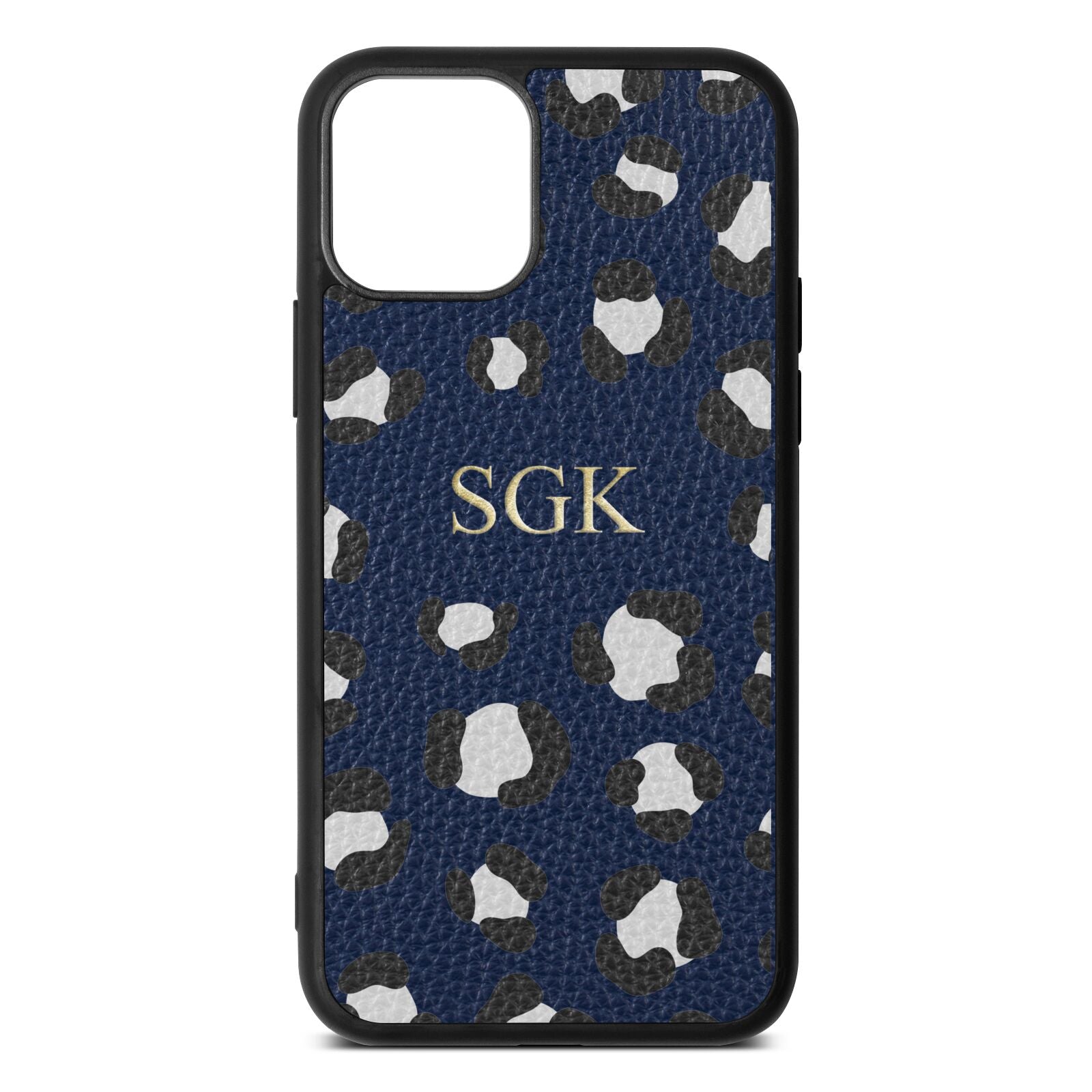 Personalised Leopard Print Embossed Navy Blue Pebble Leather iPhone 11 Case