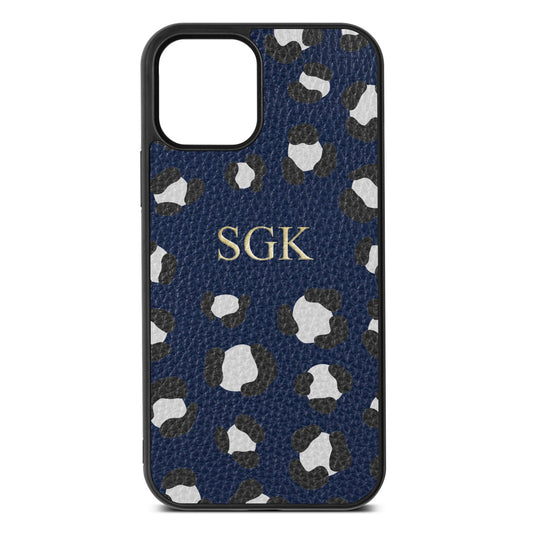 Personalised Leopard Print Embossed Navy Blue Pebble Leather iPhone 12 Case