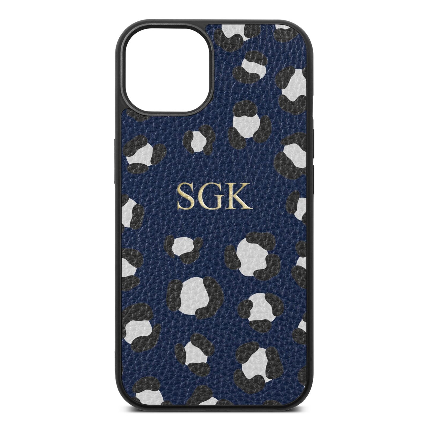 Personalised Leopard Print Embossed Navy Blue Pebble Leather iPhone 13 Case