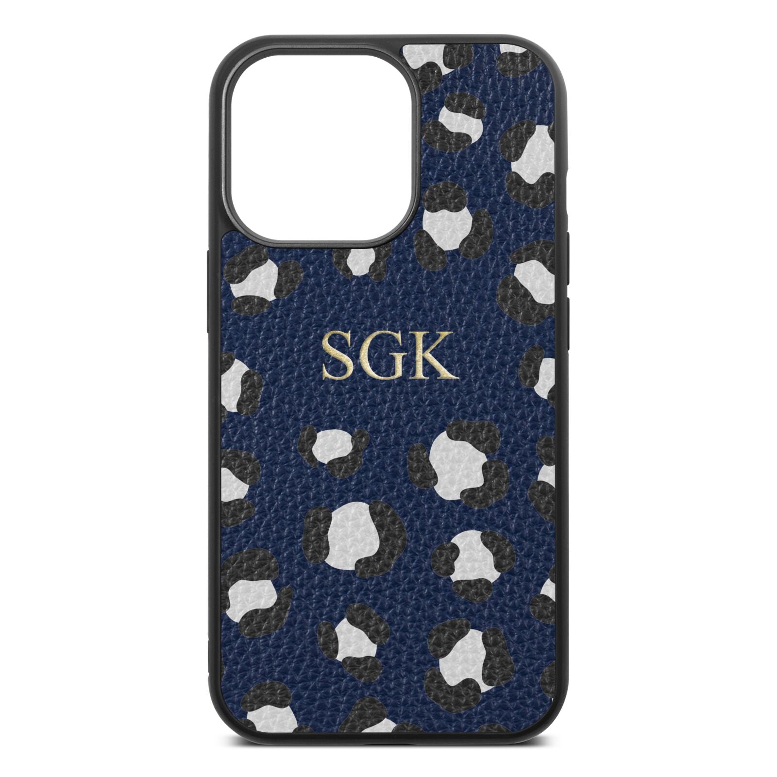 Personalised Leopard Print Embossed Navy Blue Pebble Leather iPhone 13 Pro Case