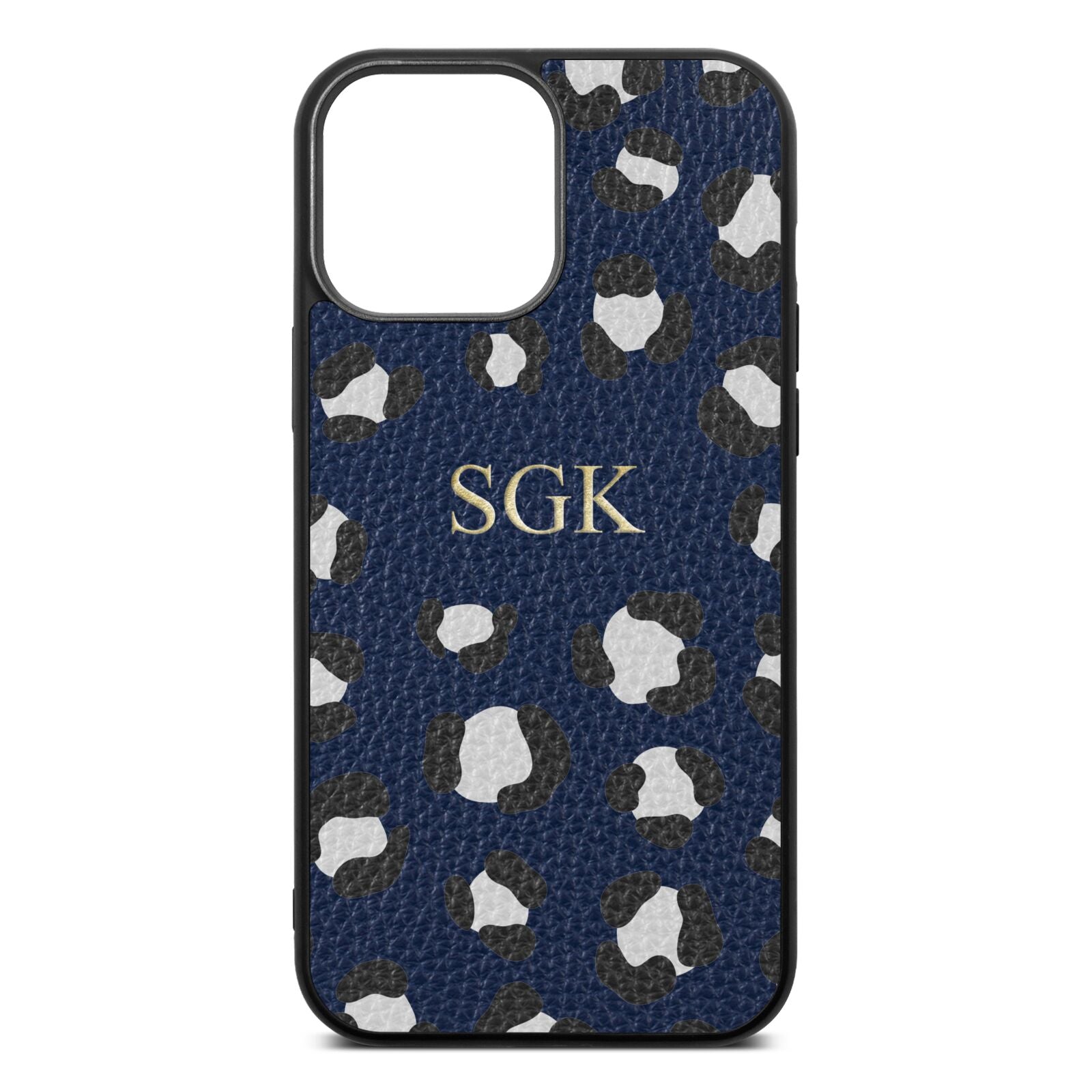 Personalised Leopard Print Embossed Navy Blue Pebble Leather iPhone 13 Pro Max Case