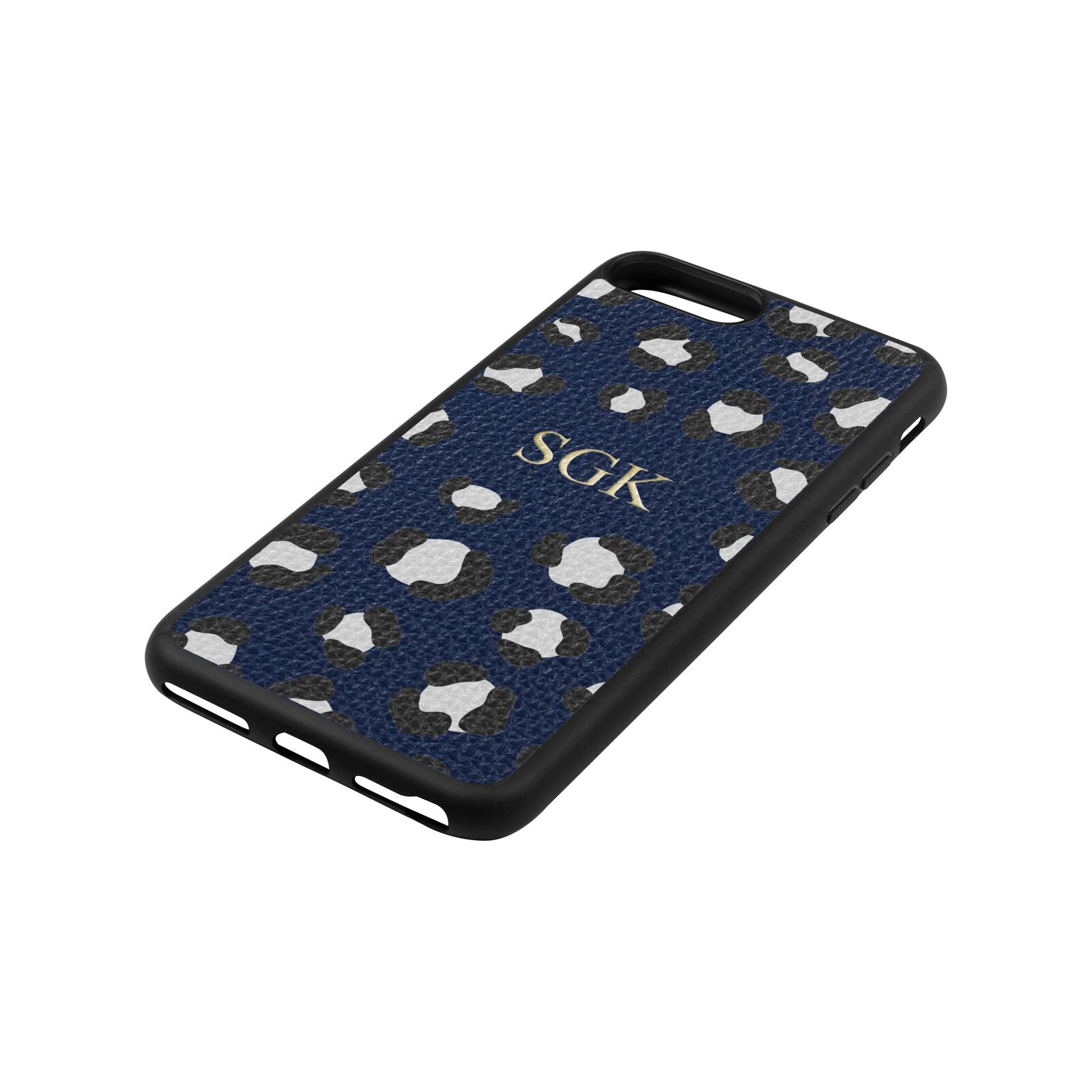 Personalised Leopard Print Embossed Navy Blue Pebble Leather iPhone 8 Plus Case Side Angle