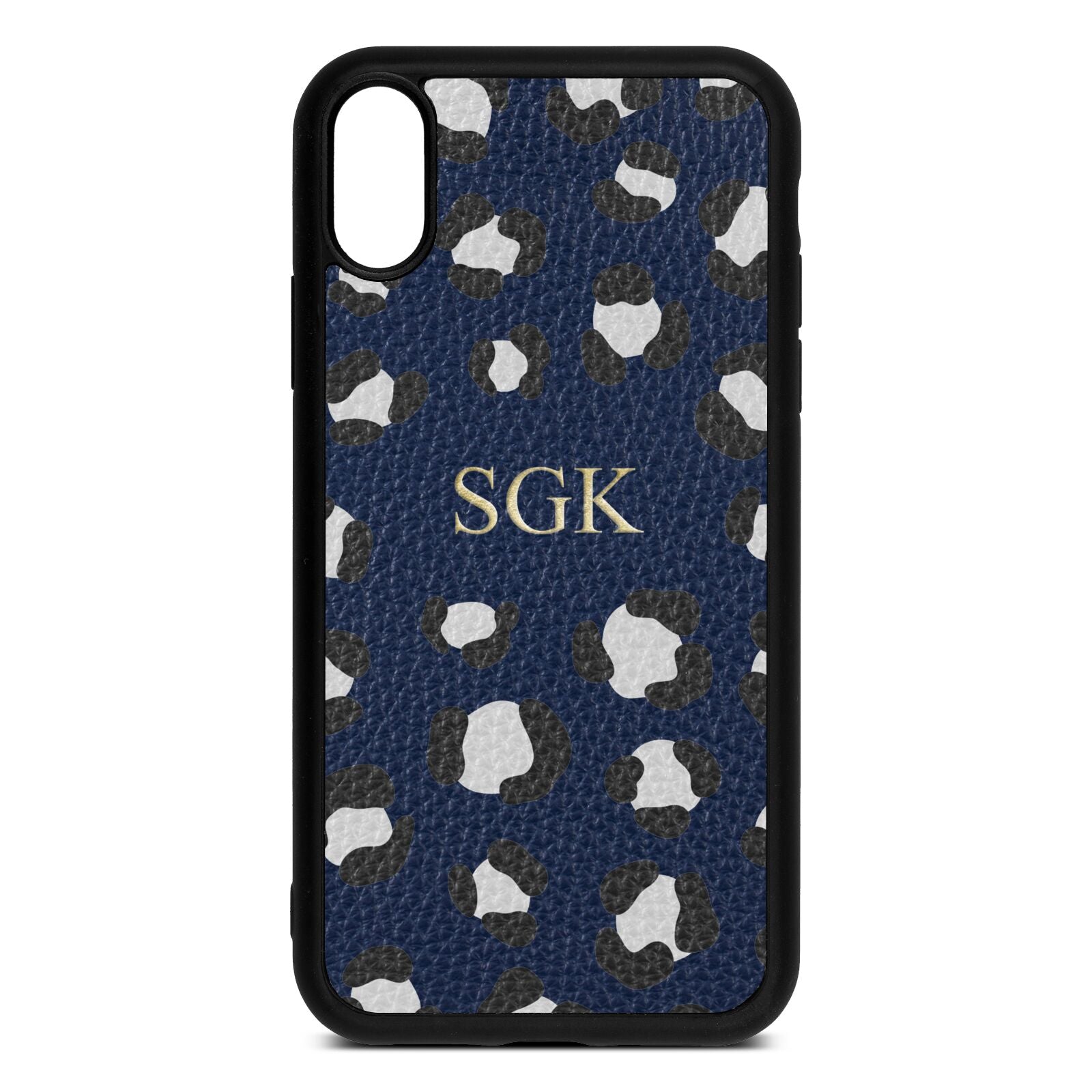 Personalised Leopard Print Embossed Navy Blue Pebble Leather iPhone Xr Case