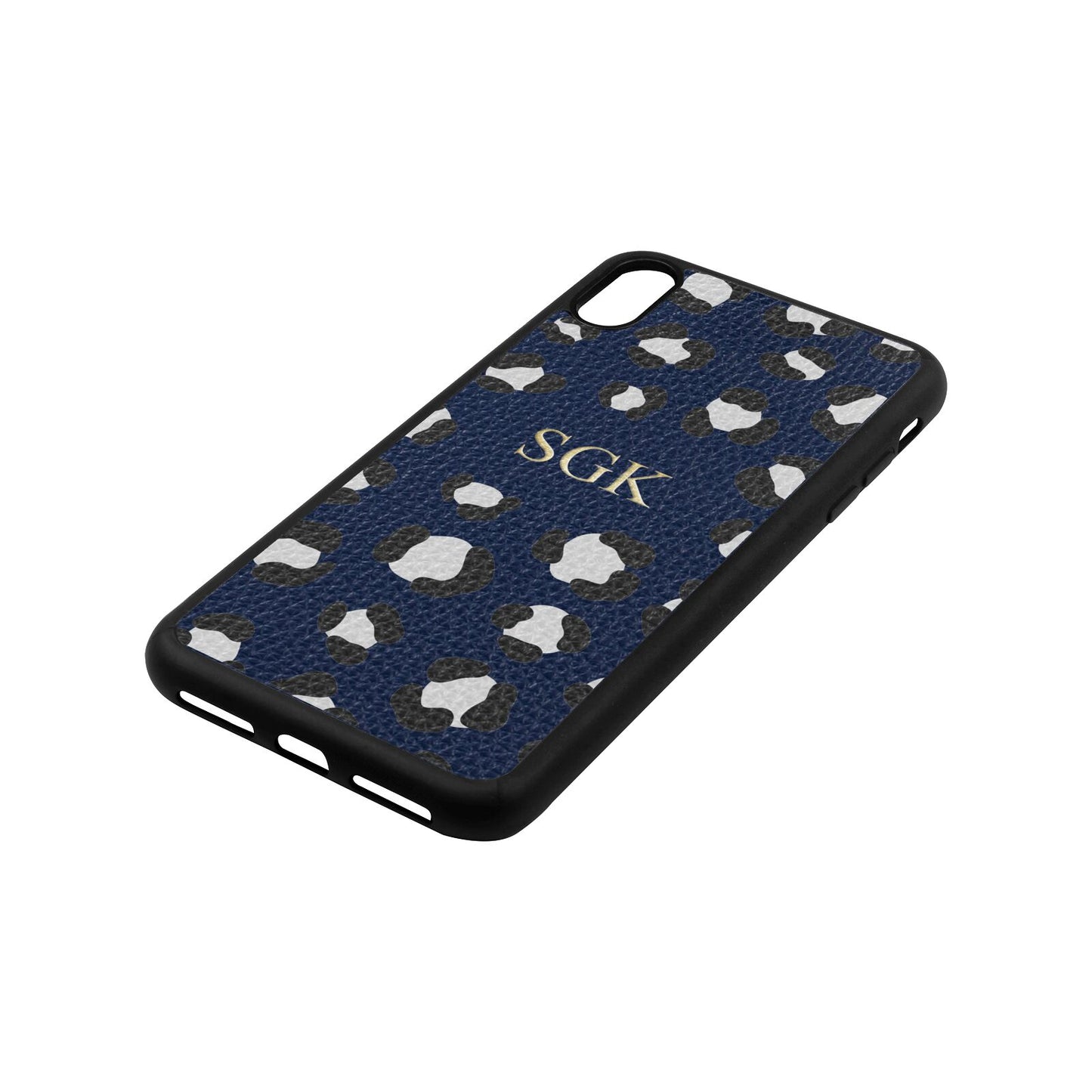 Personalised Leopard Print Embossed Navy Blue Pebble Leather iPhone Xs Max Case Side Image