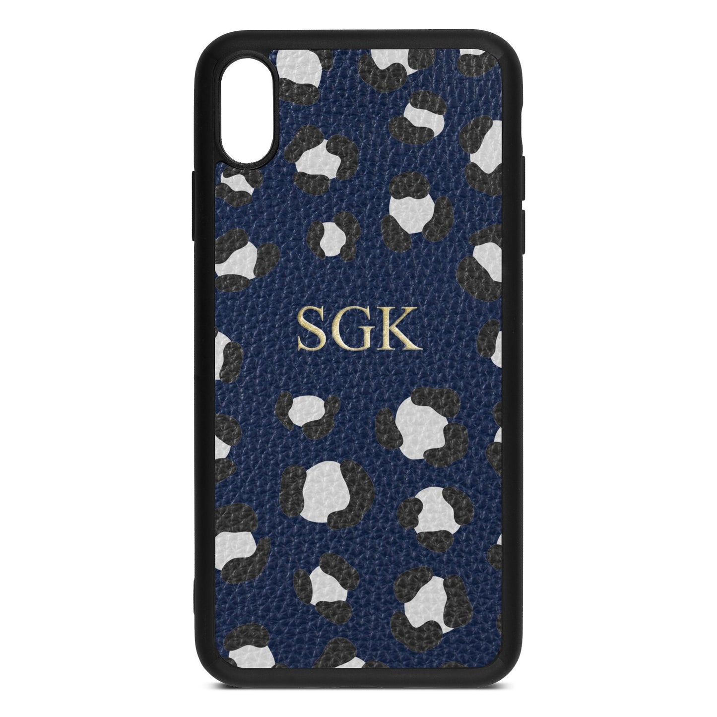 Personalised Leopard Print Embossed Navy Blue Pebble Leather iPhone Xs Max Case