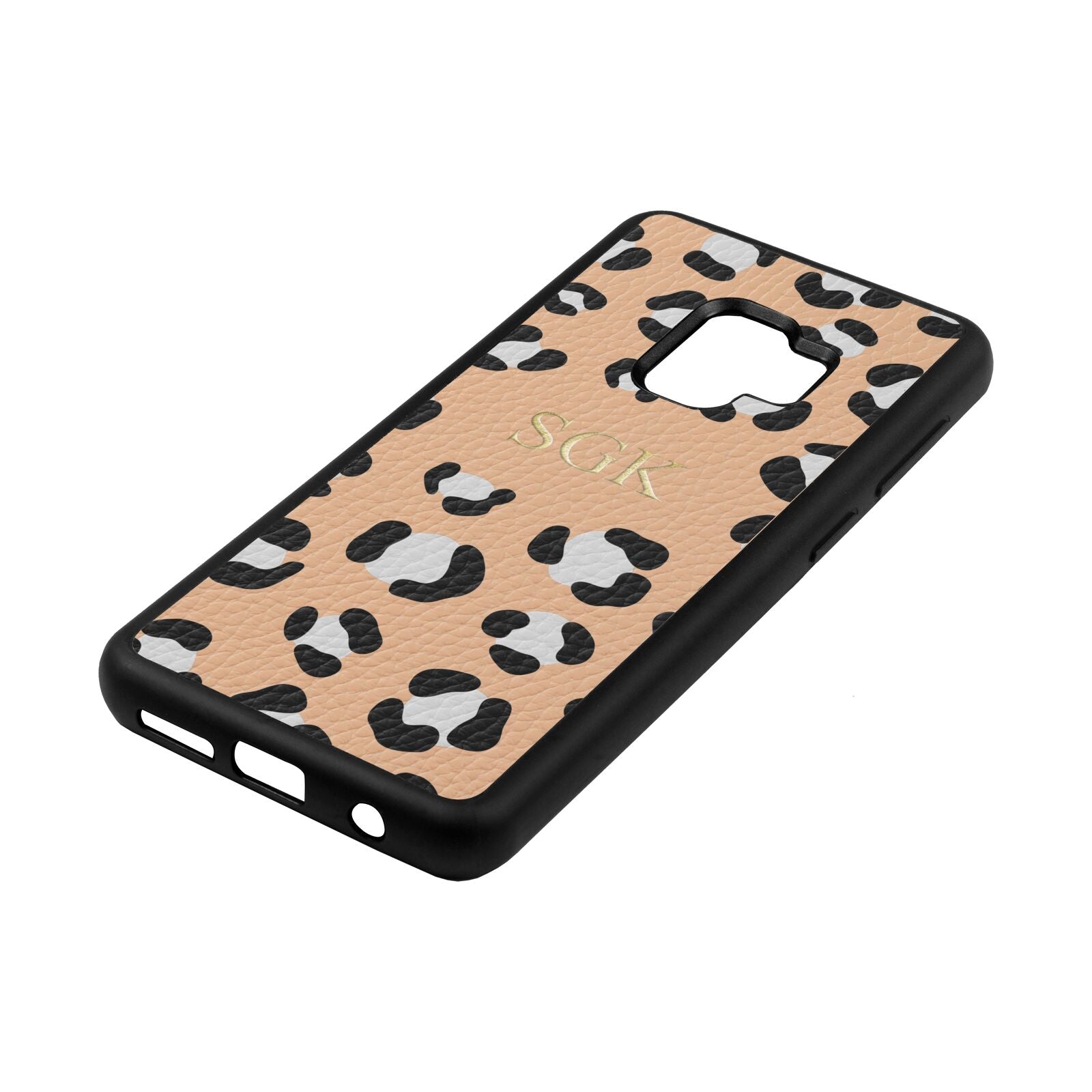 Personalised Leopard Print Embossed Nude Pebble Leather Samsung S9 Case Side Angle
