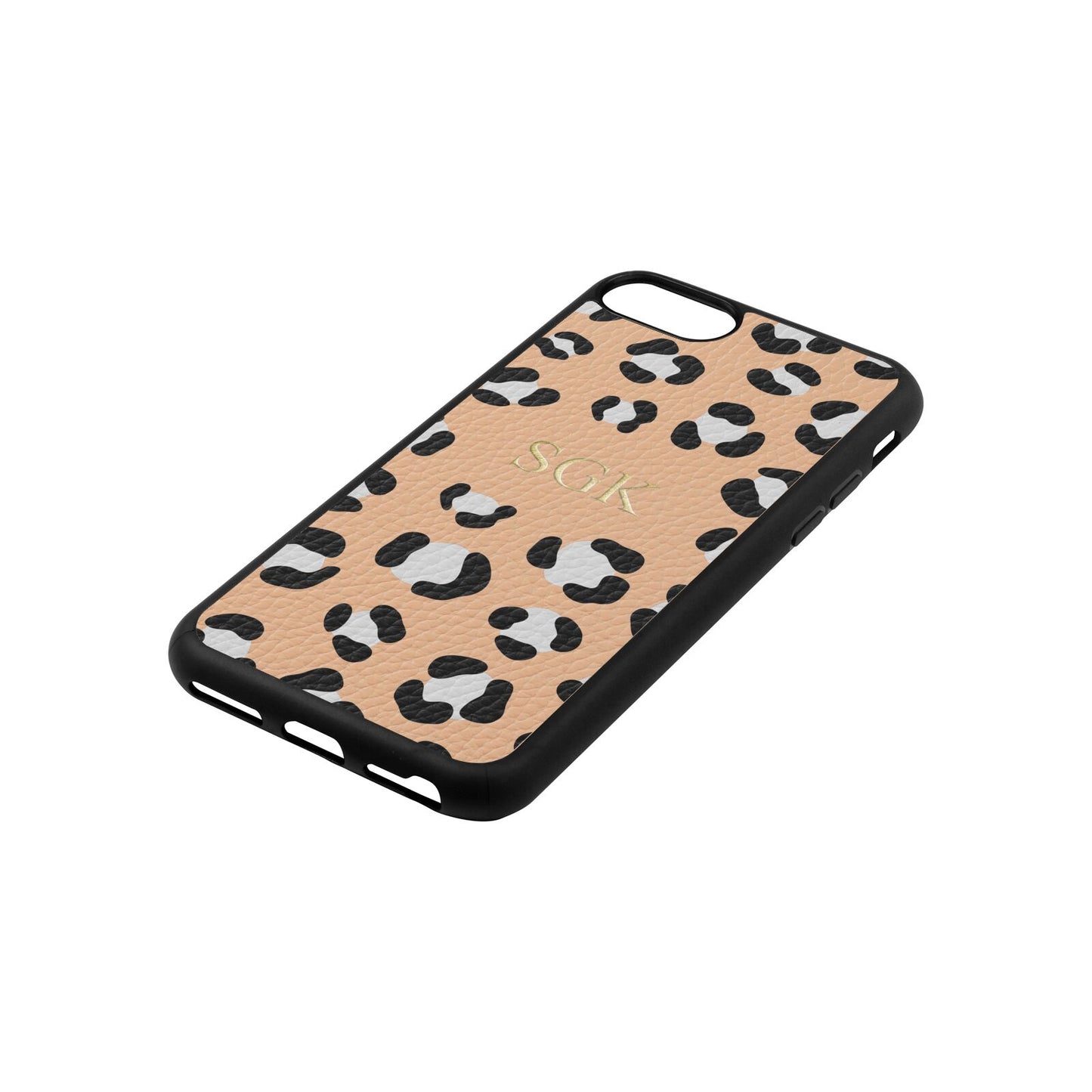 Personalised Leopard Print Embossed Nude Pebble Leather iPhone 8 Case Side Angle