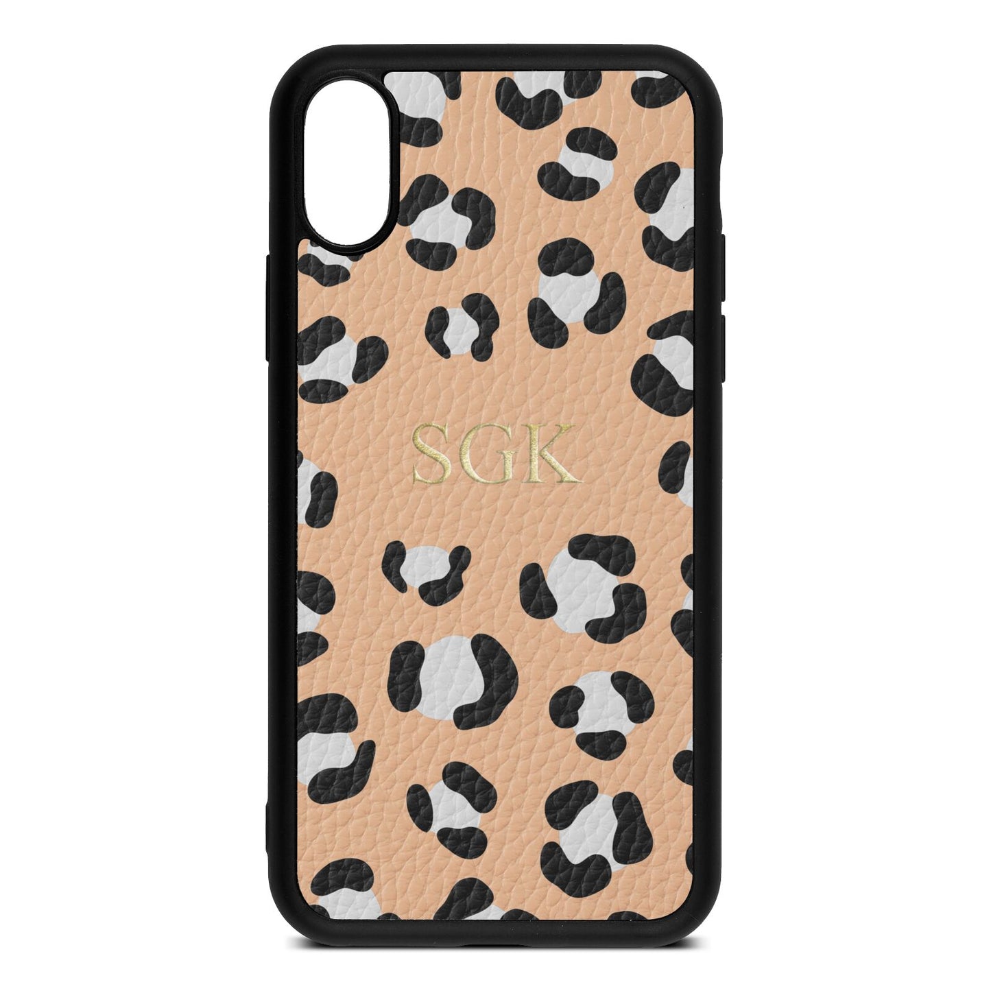 Personalised Leopard Print Embossed Nude Pebble Leather iPhone Xs Case