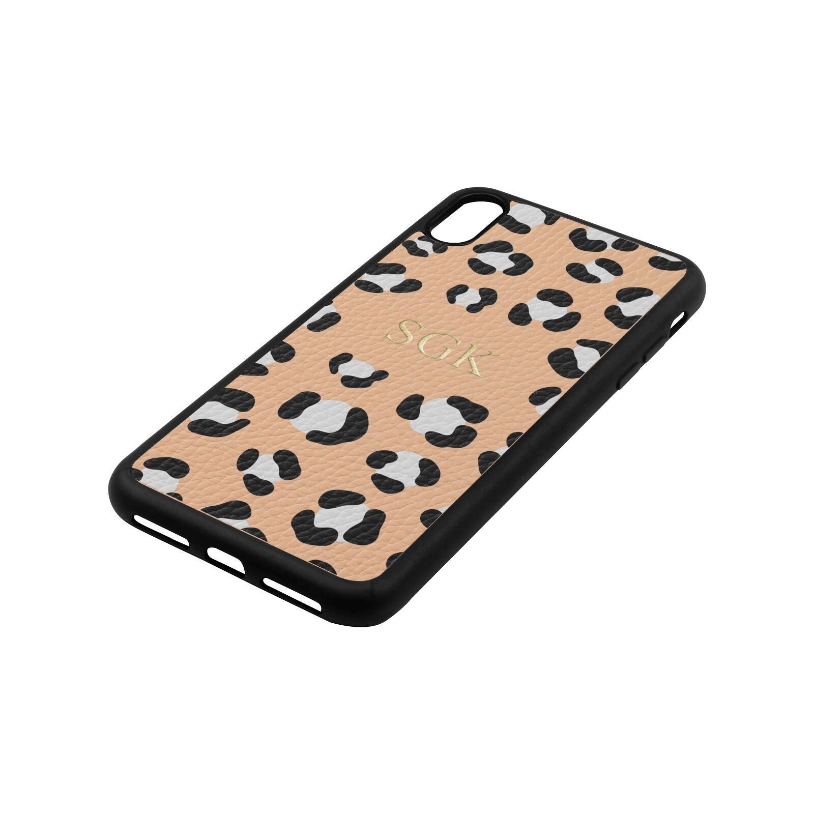 Personalised Leopard Print Embossed Nude Pebble Leather iPhone Xs Max Case Side Angle