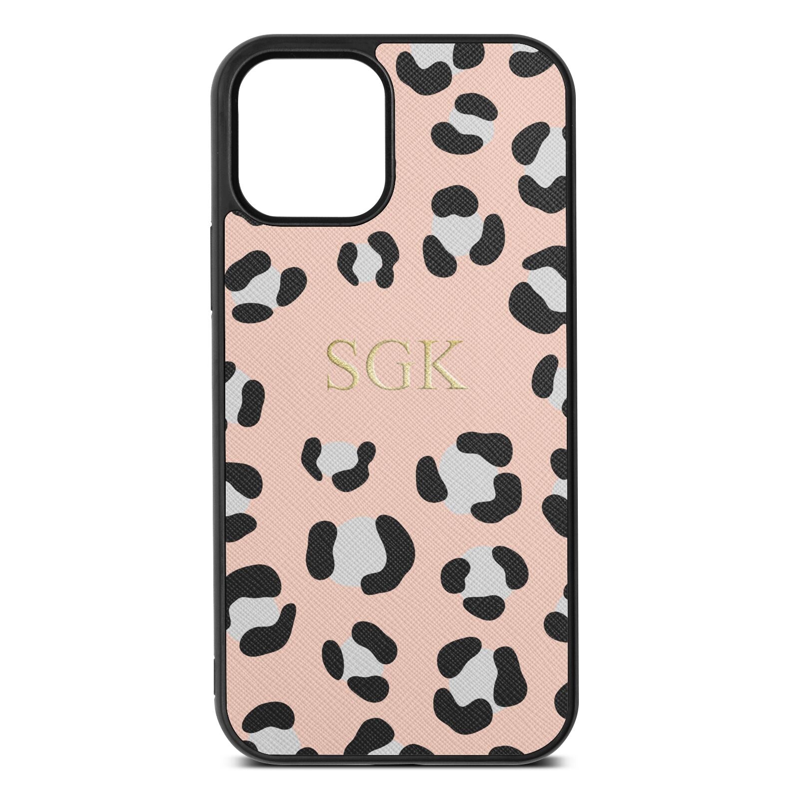 Personalised Leopard Print Embossed Nude Saffiano Leather iPhone 12 Case