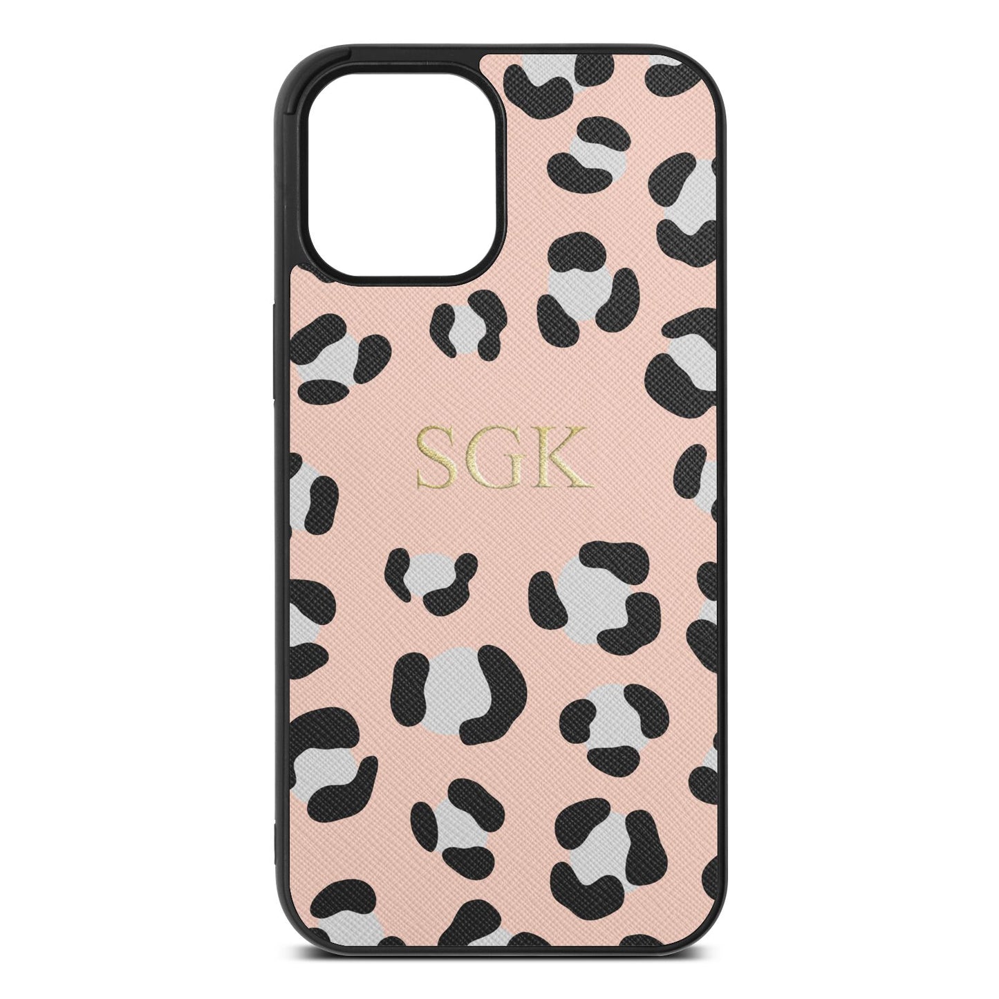Personalised Leopard Print Embossed Nude Saffiano Leather iPhone 12 Pro Max Case