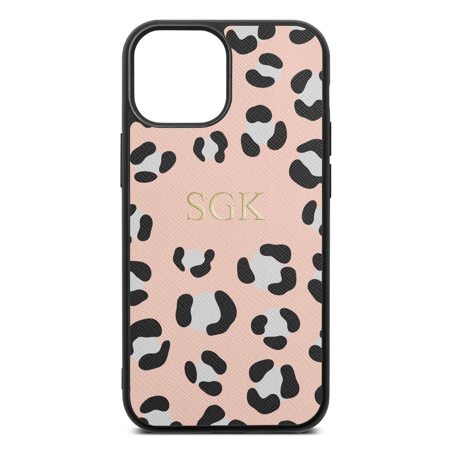 Personalised Leopard Print Embossed Nude Saffiano Leather iPhone 13 Mini Case