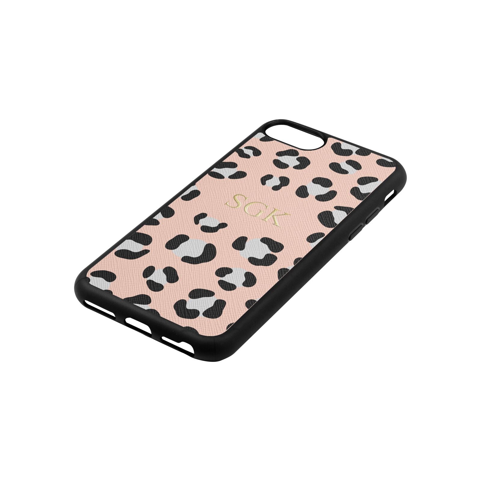 Personalised Leopard Print Embossed Nude Saffiano Leather iPhone 8 Case Side Angle