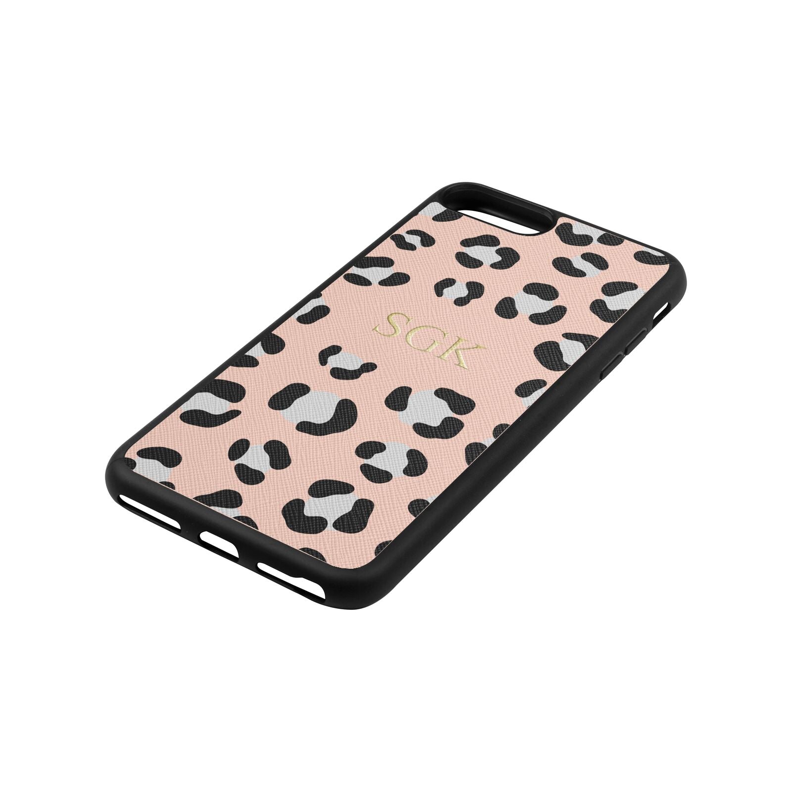 Personalised Leopard Print Embossed Nude Saffiano Leather iPhone 8 Plus Case Side Angle
