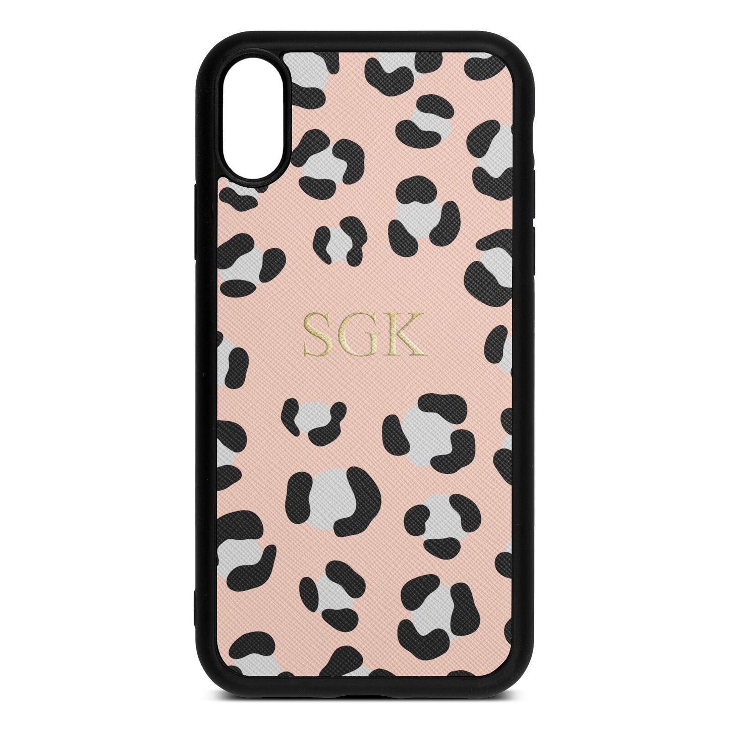 Personalised Leopard Print Embossed Nude Saffiano Leather iPhone Xr Case