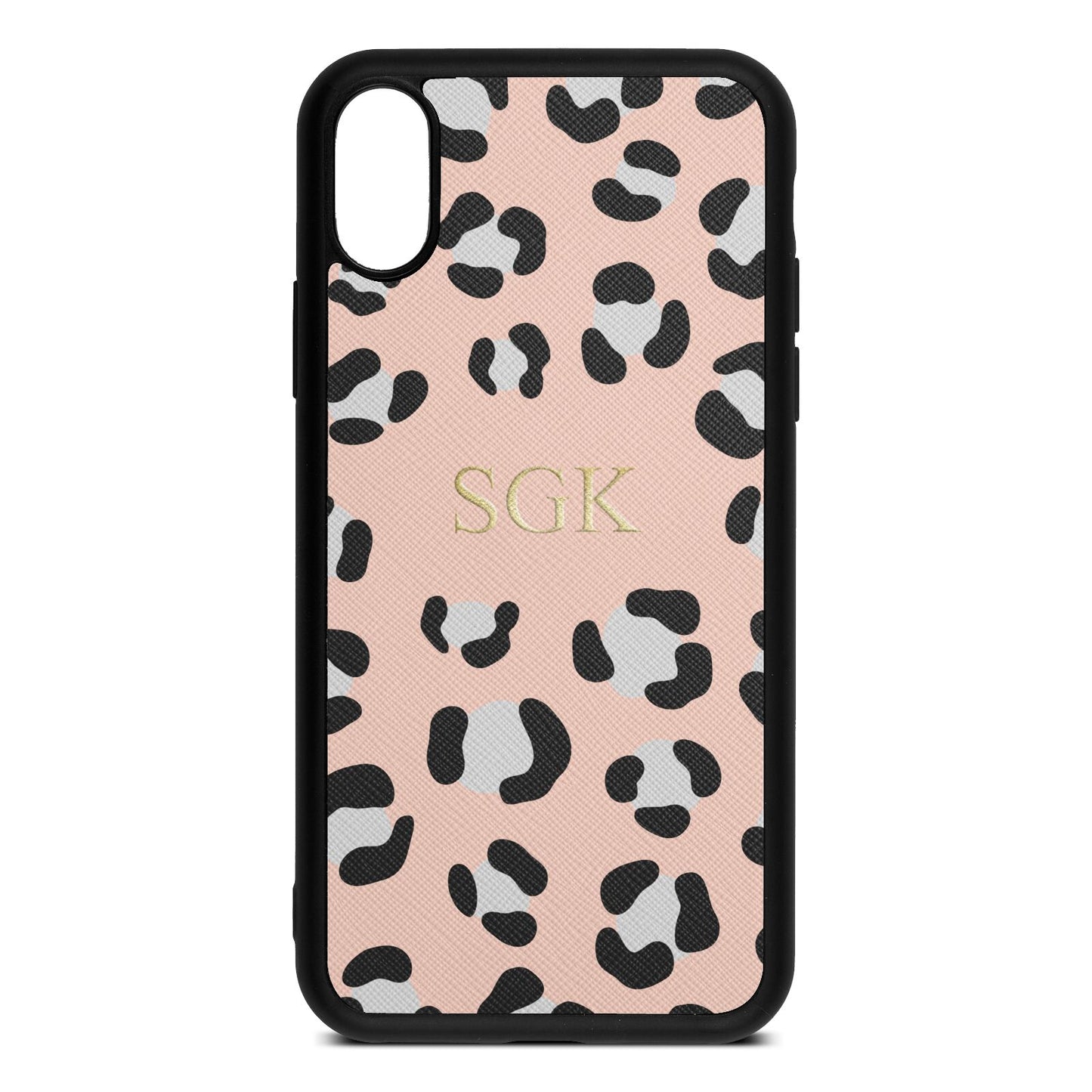 Personalised Leopard Print Embossed Nude Saffiano Leather iPhone Xs Case