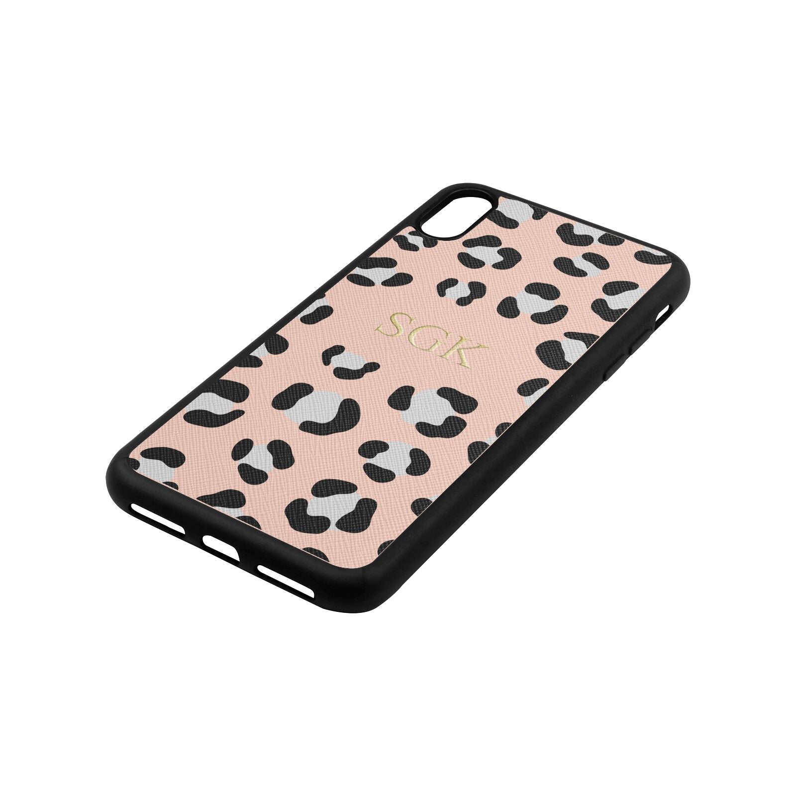 Personalised Leopard Print Embossed Nude Saffiano Leather iPhone Xs Max Case Side Angle