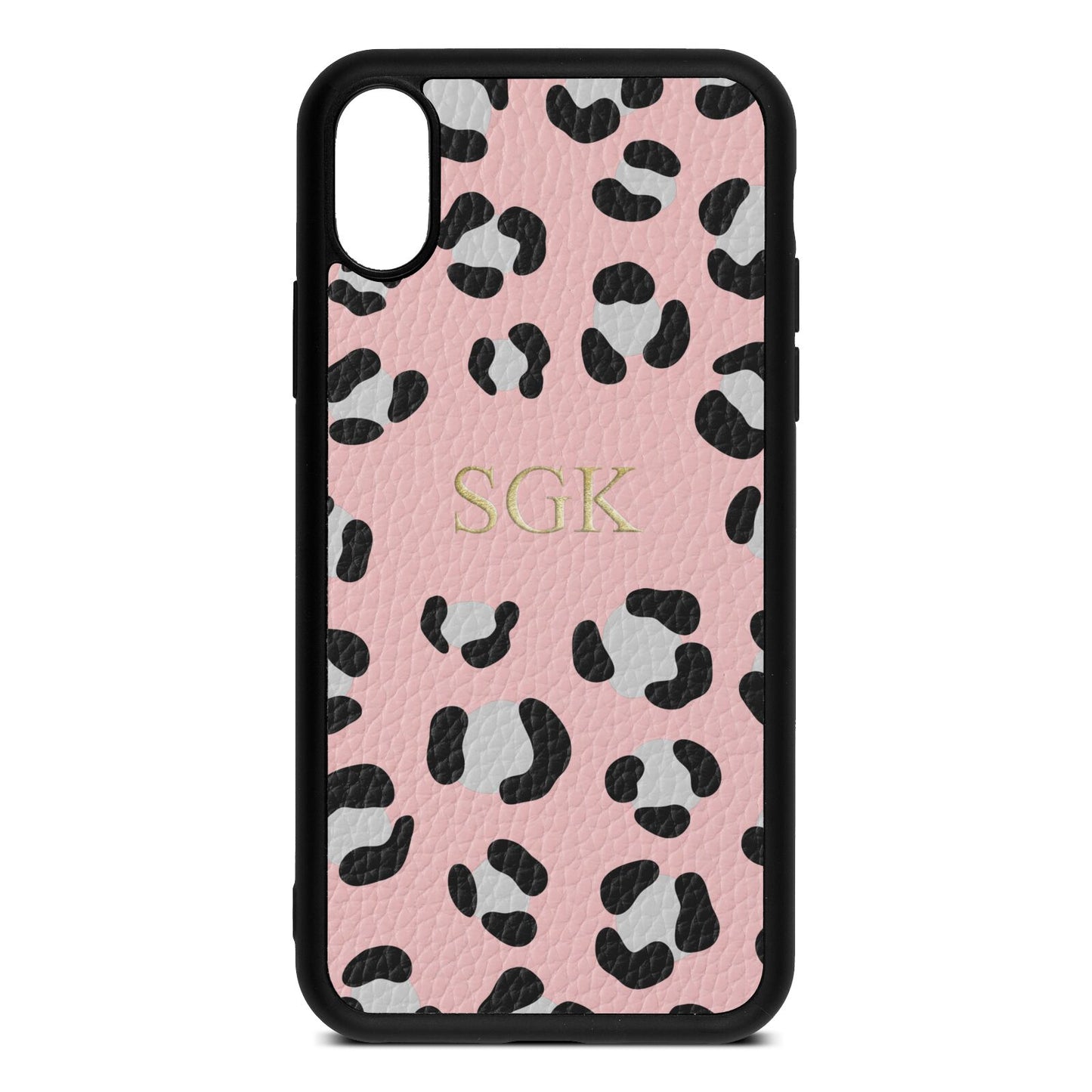Personalised Leopard Print Embossed Pink Pebble Leather iPhone Xs Case