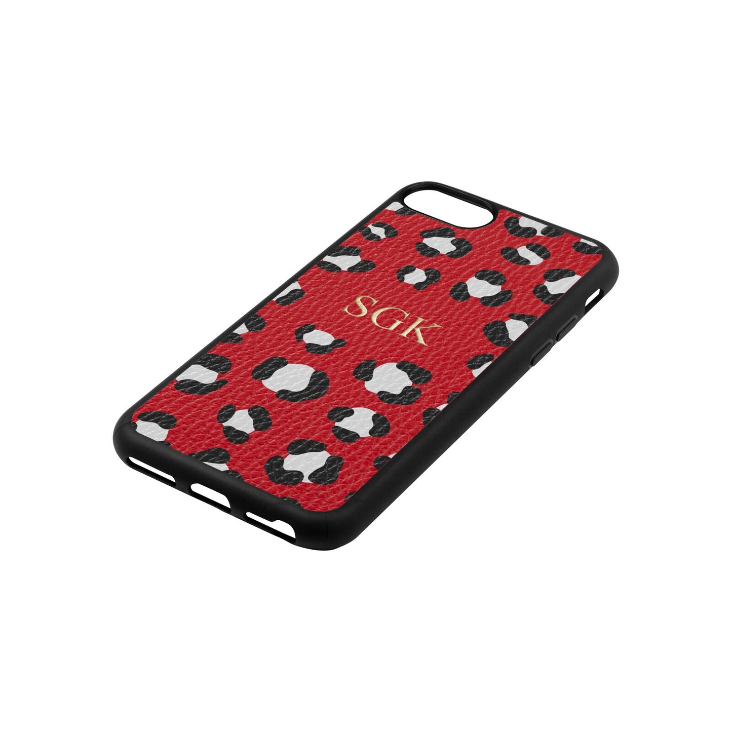 Personalised Leopard Print Embossed Red Pebble Leather iPhone 8 Case Side Angle
