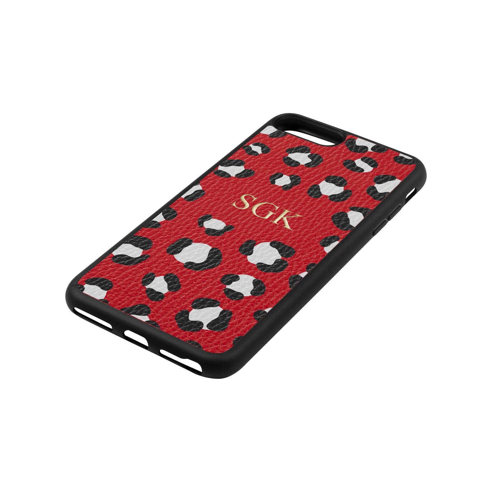 Personalised Leopard Print Embossed Red Pebble Leather iPhone 8 Plus Case Side Angle