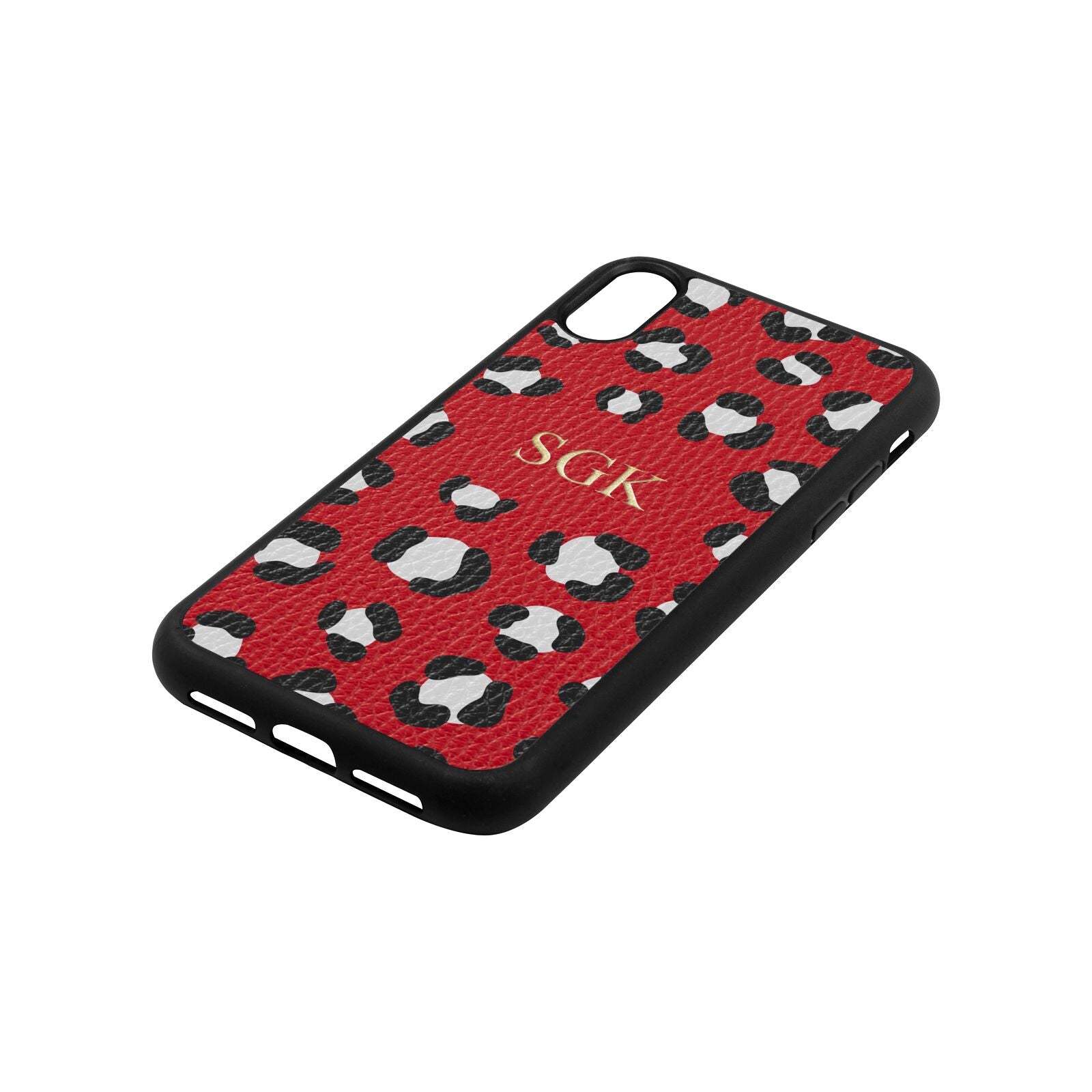Personalised Leopard Print Embossed Red Pebble Leather iPhone Xr Case Side Angle