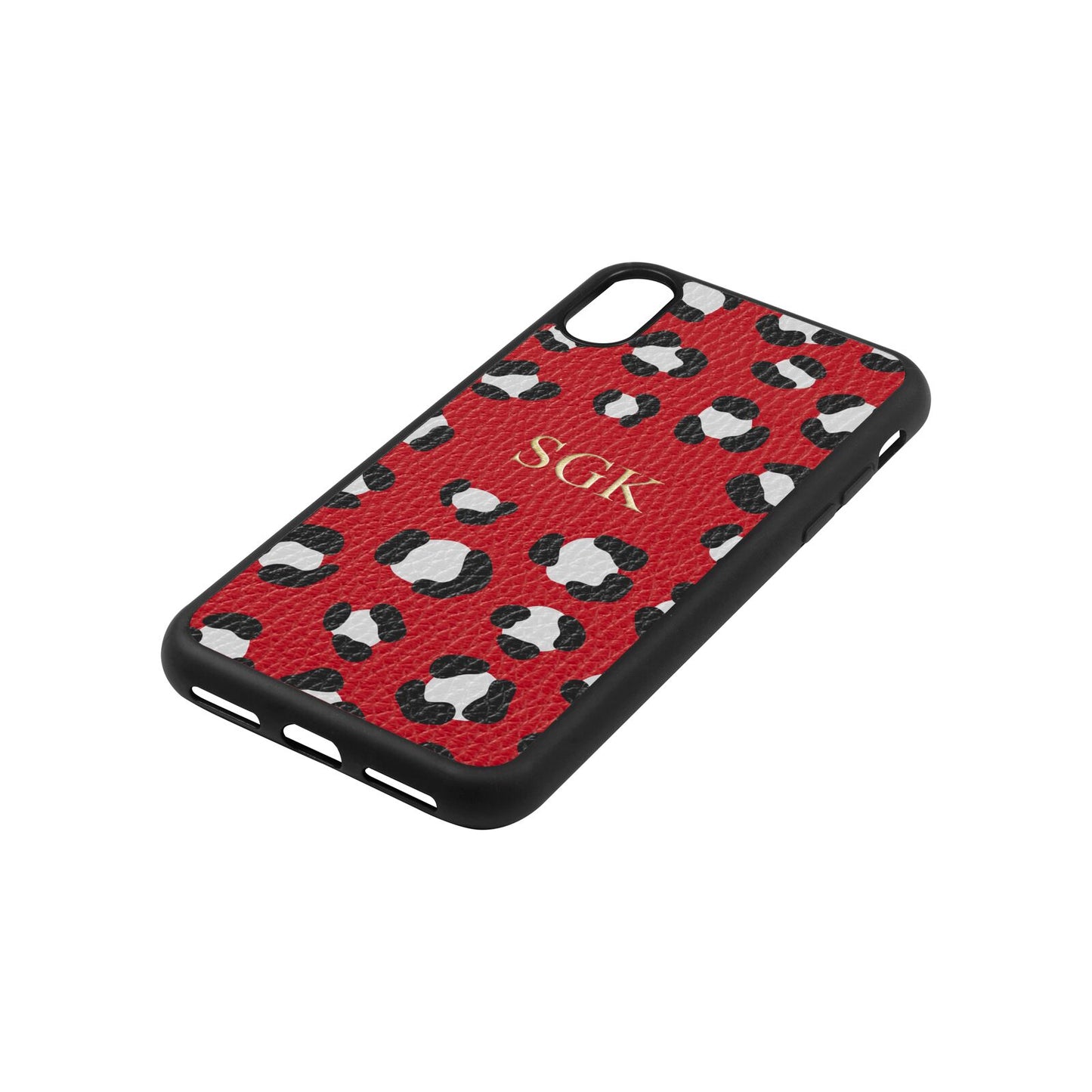 Personalised Leopard Print Embossed Red Pebble Leather iPhone Xs Case Side Angle