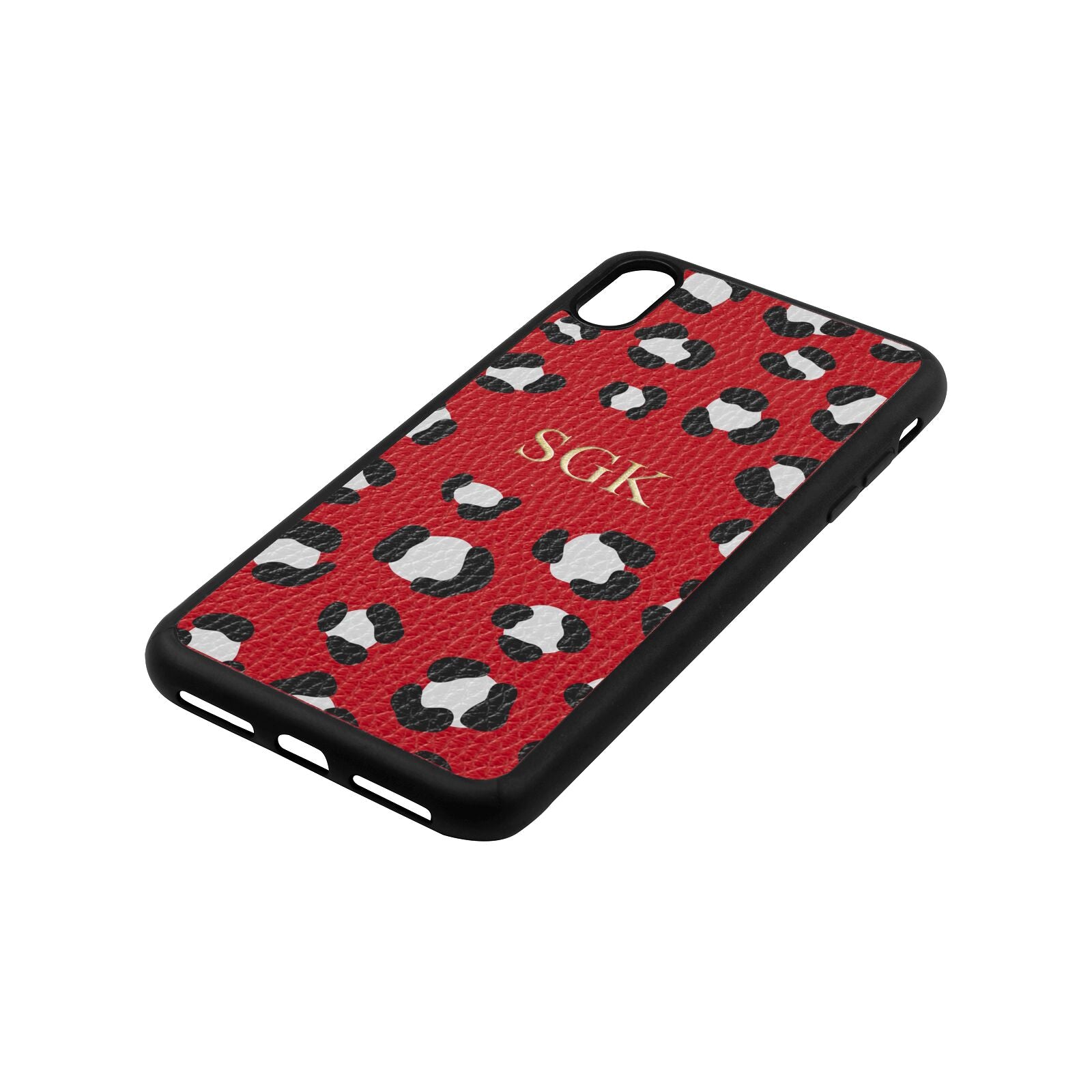 Personalised Leopard Print Embossed Red Pebble Leather iPhone Xs Max Case Side Angle