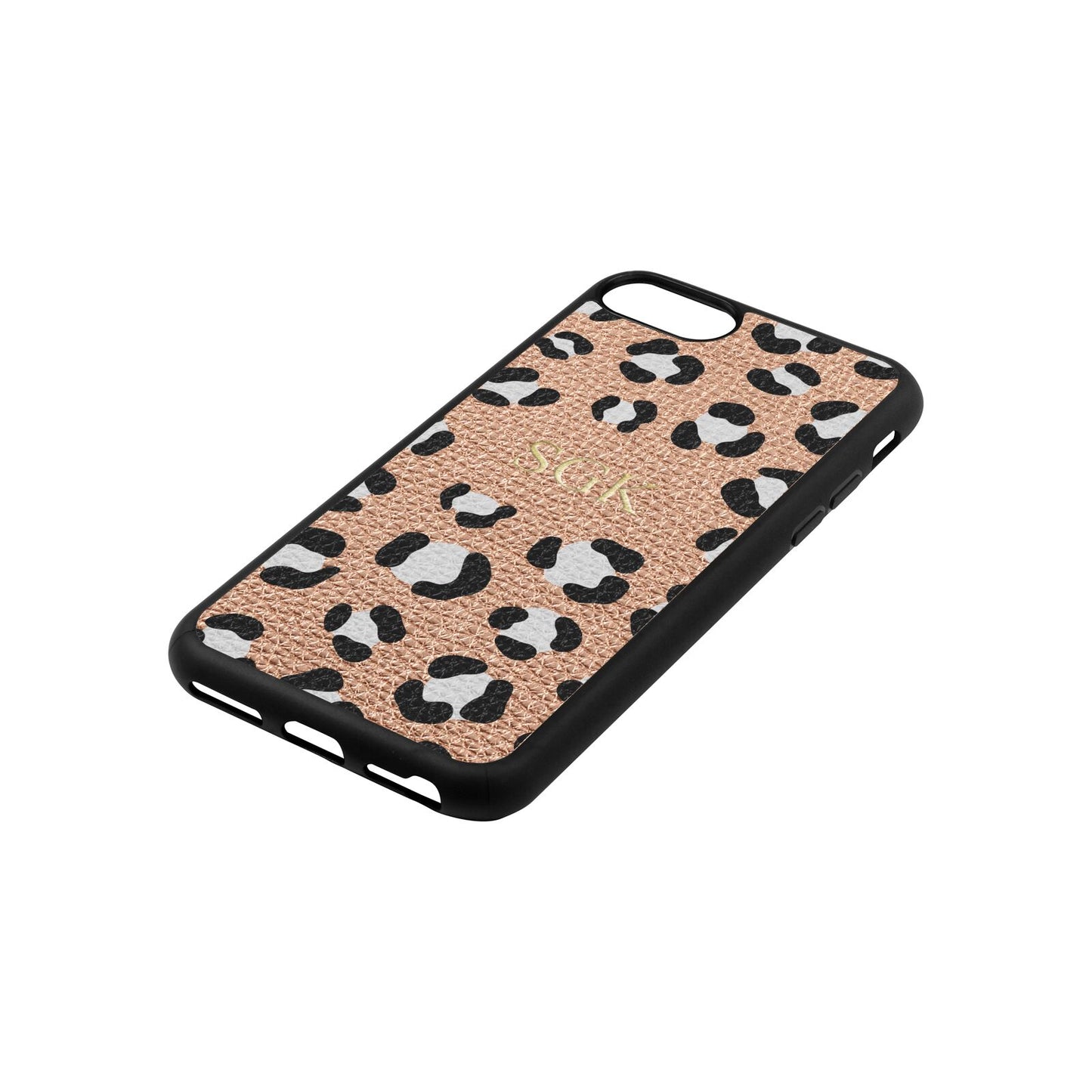 Personalised Leopard Print Embossed Rose Gold Pebble Leather iPhone 8 Case Side Angle