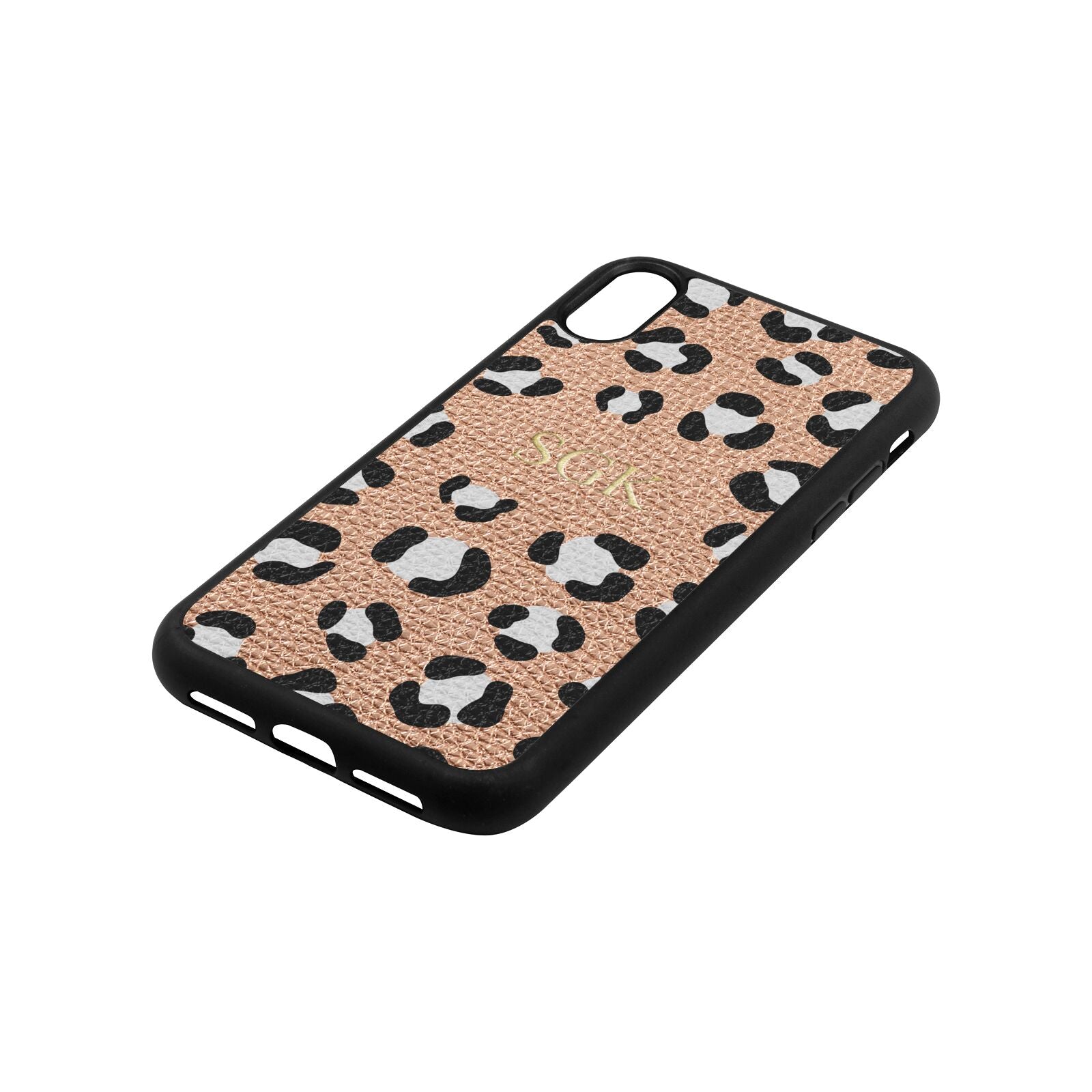 Personalised Leopard Print Embossed Rose Gold Pebble Leather iPhone Xr Case Side Angle
