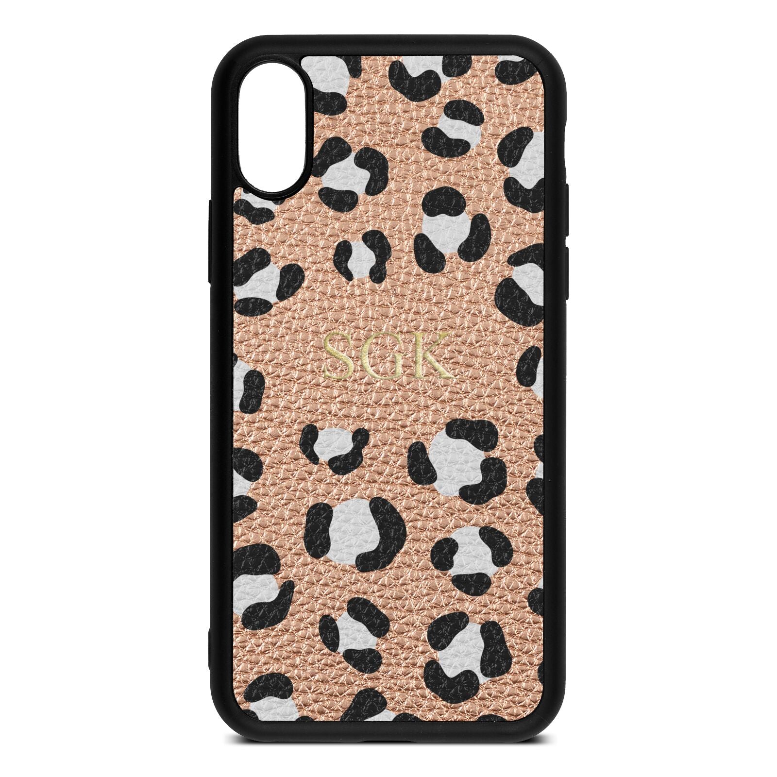 Personalised Leopard Print Embossed Rose Gold Pebble Leather iPhone Xs Case