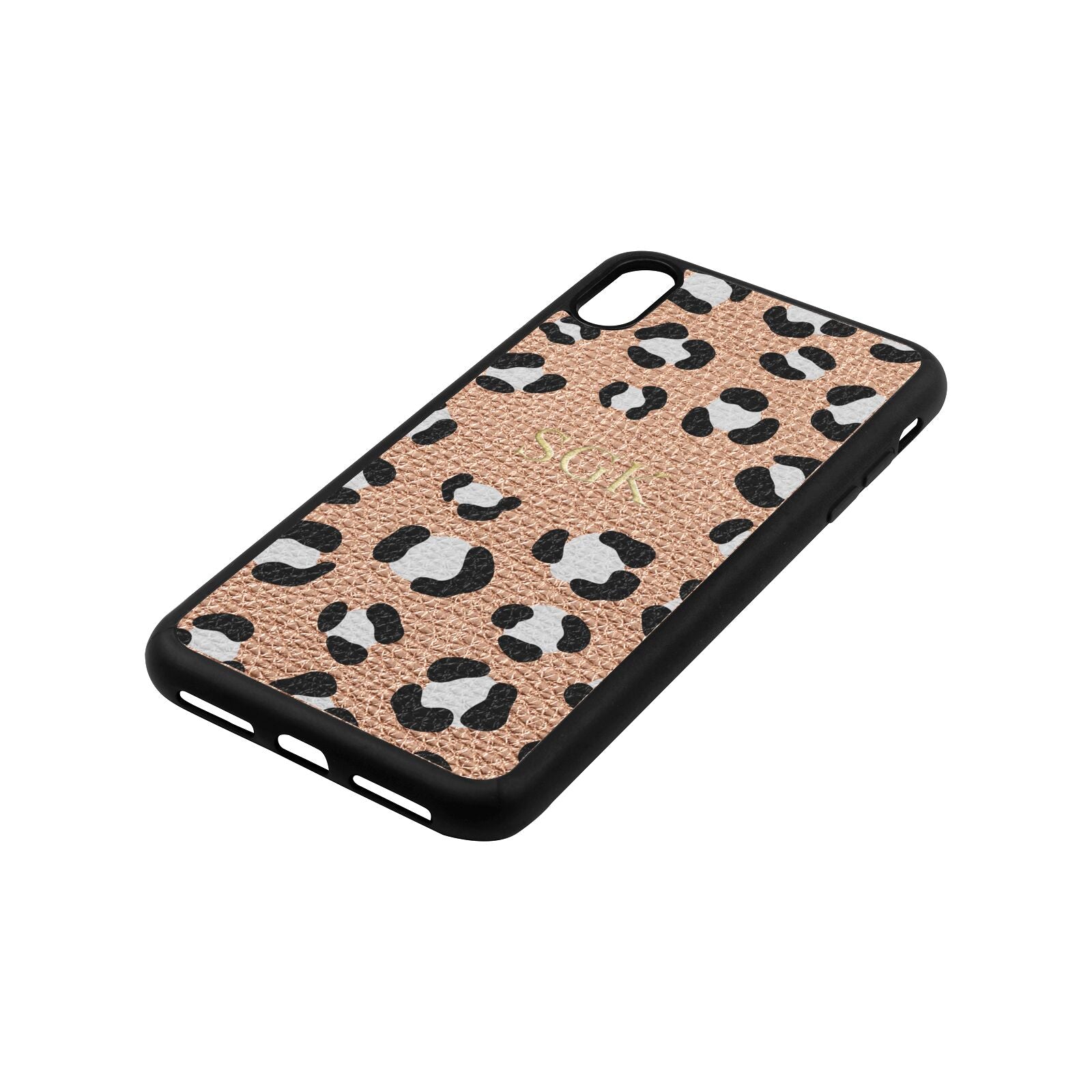 Personalised Leopard Print Embossed Rose Gold Pebble Leather iPhone Xs Max Case Side Angle