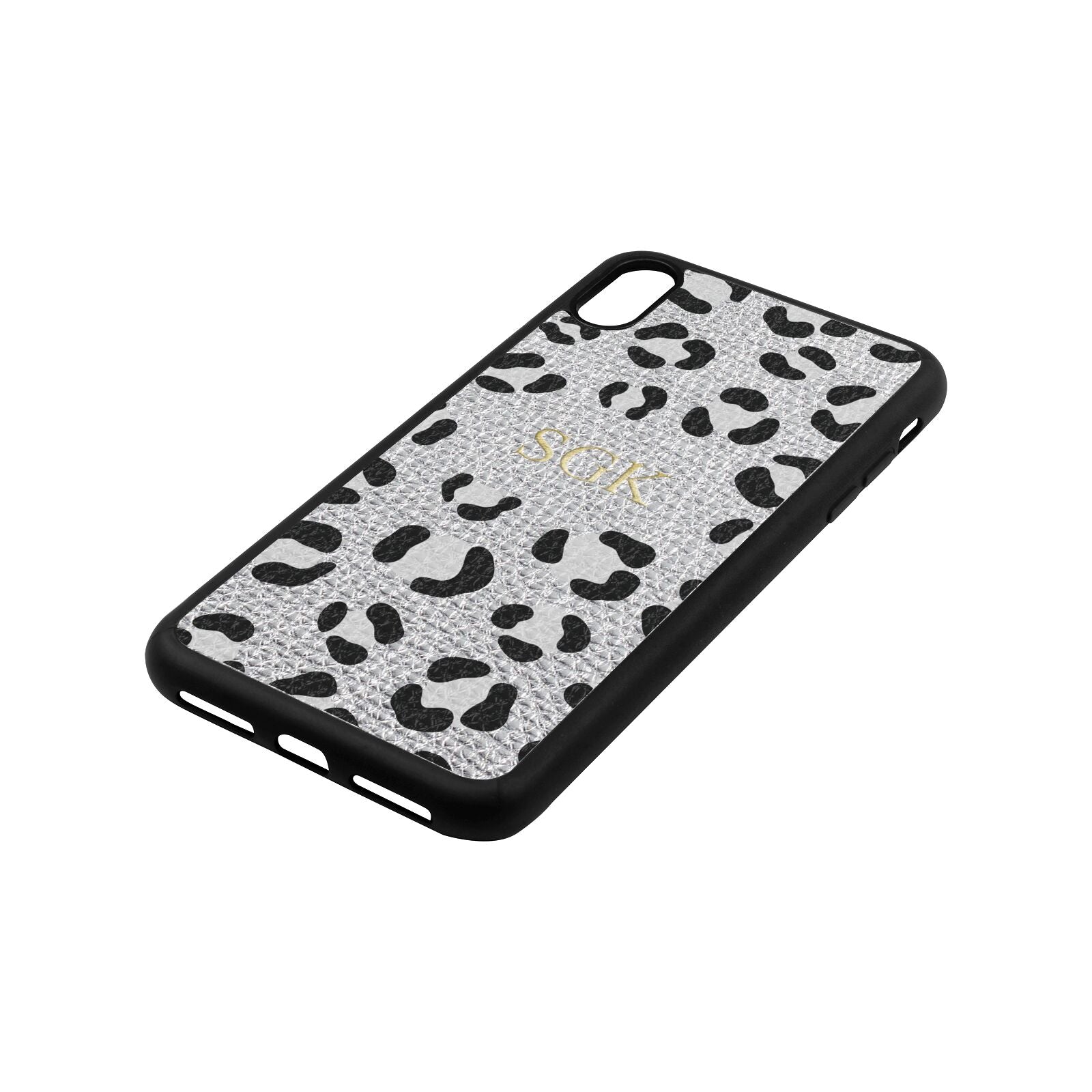 Personalised Leopard Print Embossed Silver Gold Pebble Leather iPhone Xs Max Case Side Angle
