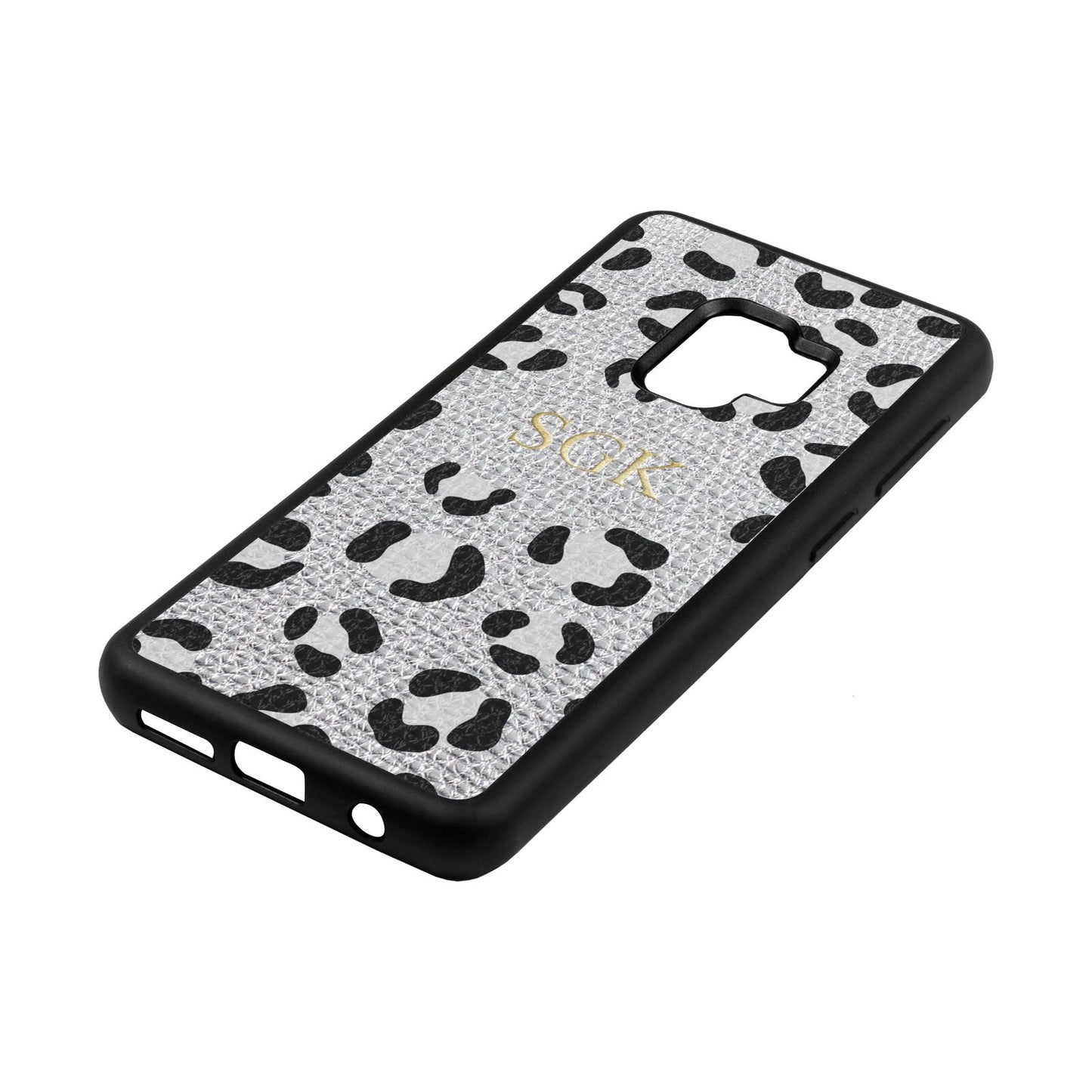 Personalised Leopard Print Embossed Silver Pebble Leather Samsung S9 Case Side Angle