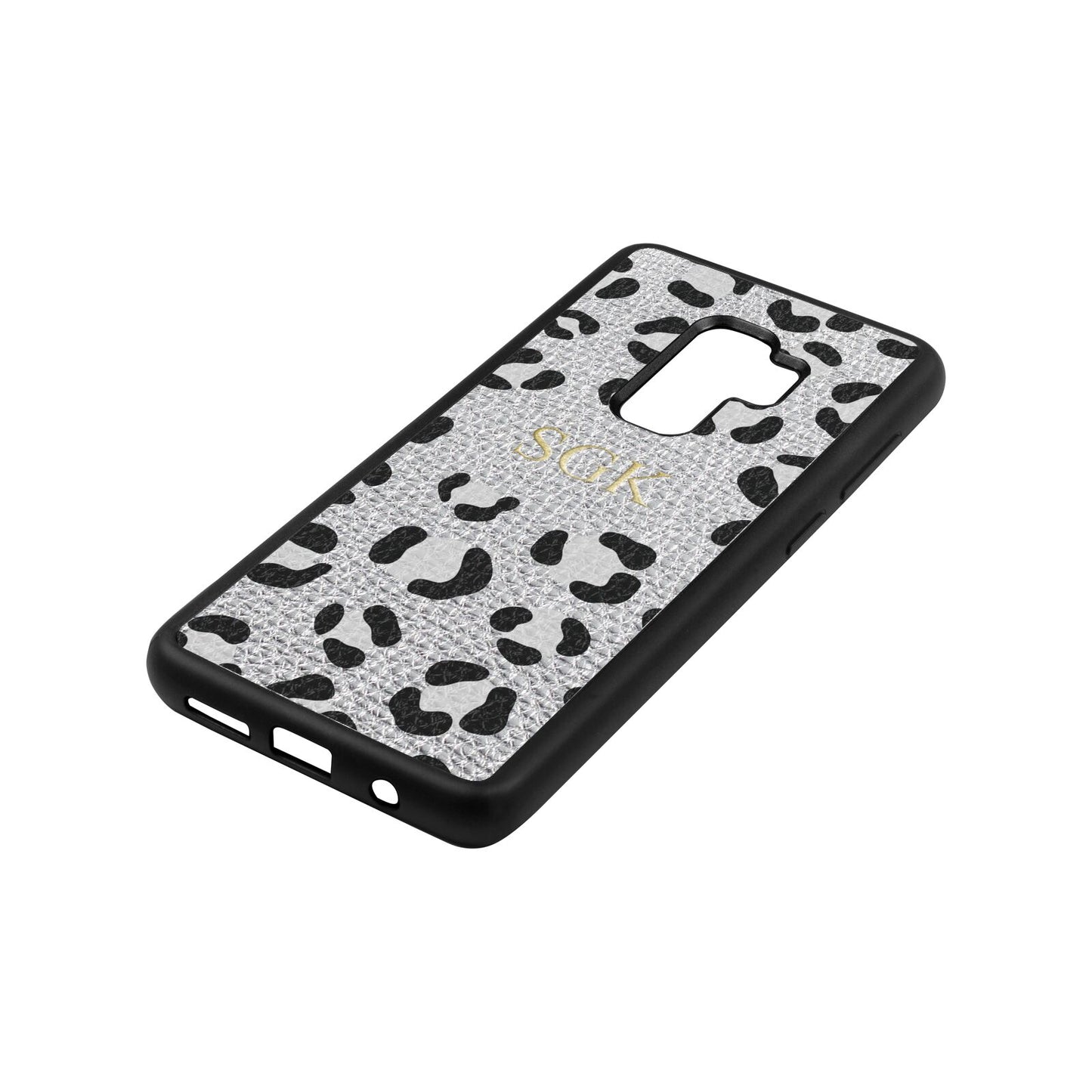 Personalised Leopard Print Embossed Silver Pebble Leather Samsung S9 Plus Case Side Angle