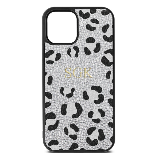 Personalised Leopard Print Embossed Silver Pebble Leather iPhone 12 Case