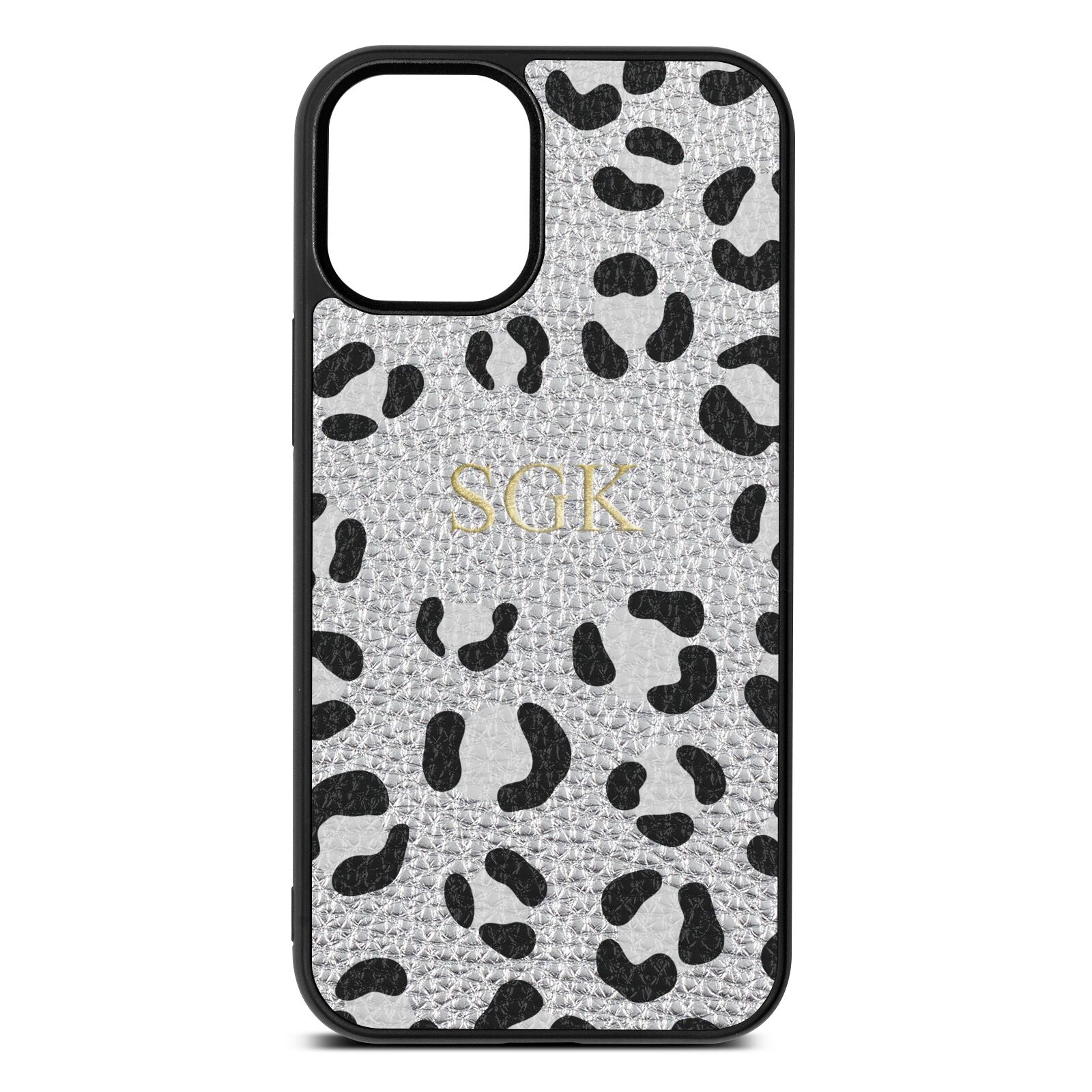 Personalised Leopard Print Embossed Silver Pebble Leather iPhone 12 Mini Case