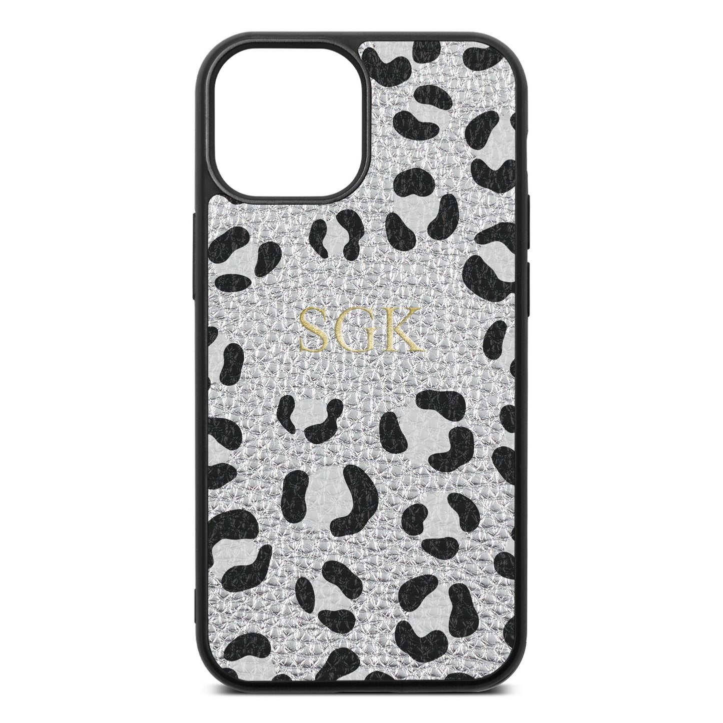 Personalised Leopard Print Embossed Silver Pebble Leather iPhone 13 Mini Case