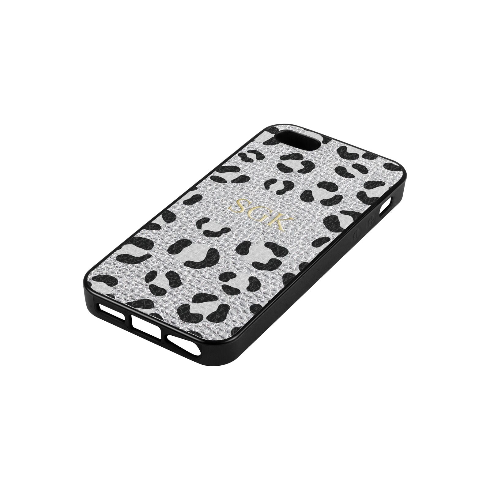 Personalised Leopard Print Embossed Silver Pebble Leather iPhone 5 Case Side Angle