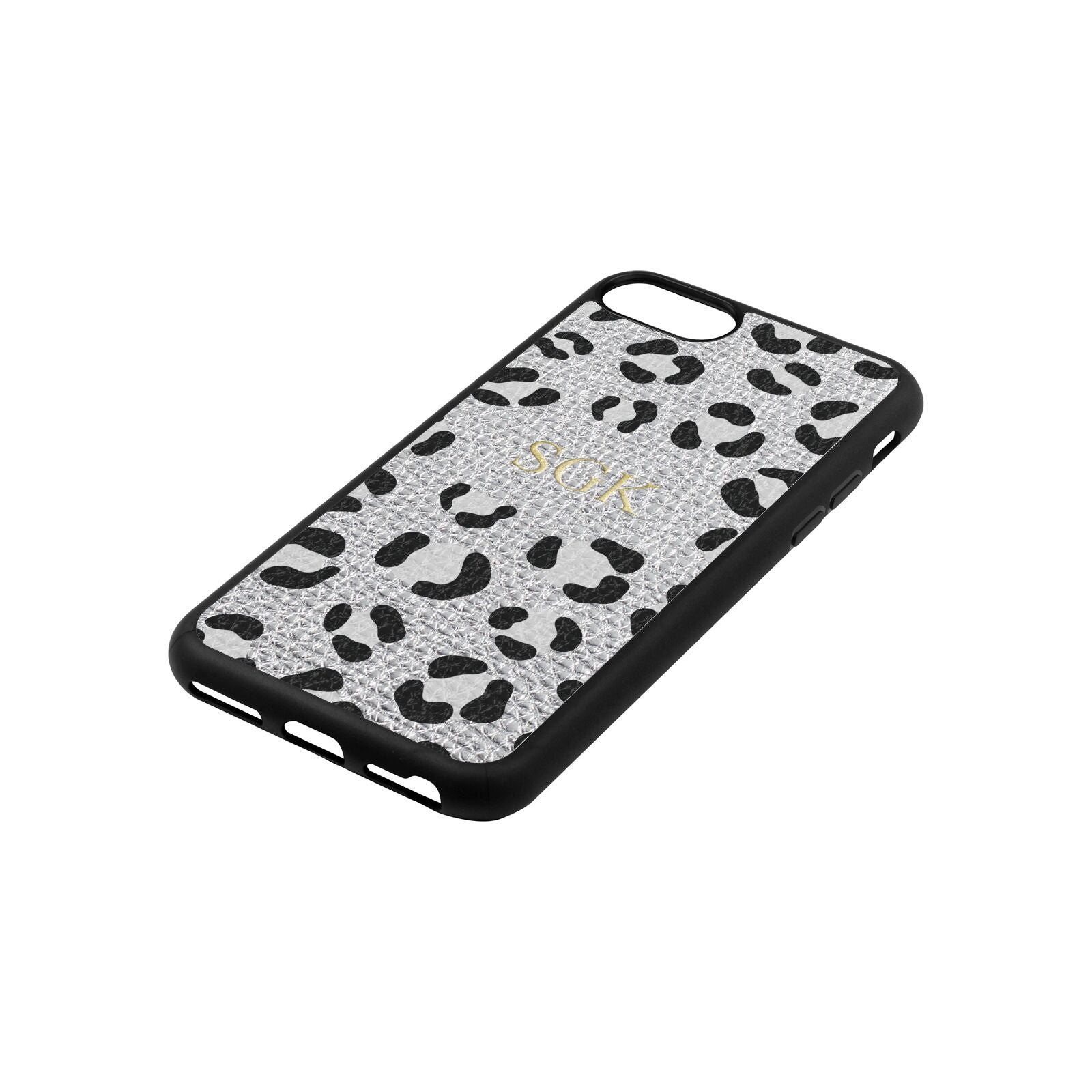 Personalised Leopard Print Embossed Silver Pebble Leather iPhone 8 Case Side Angle