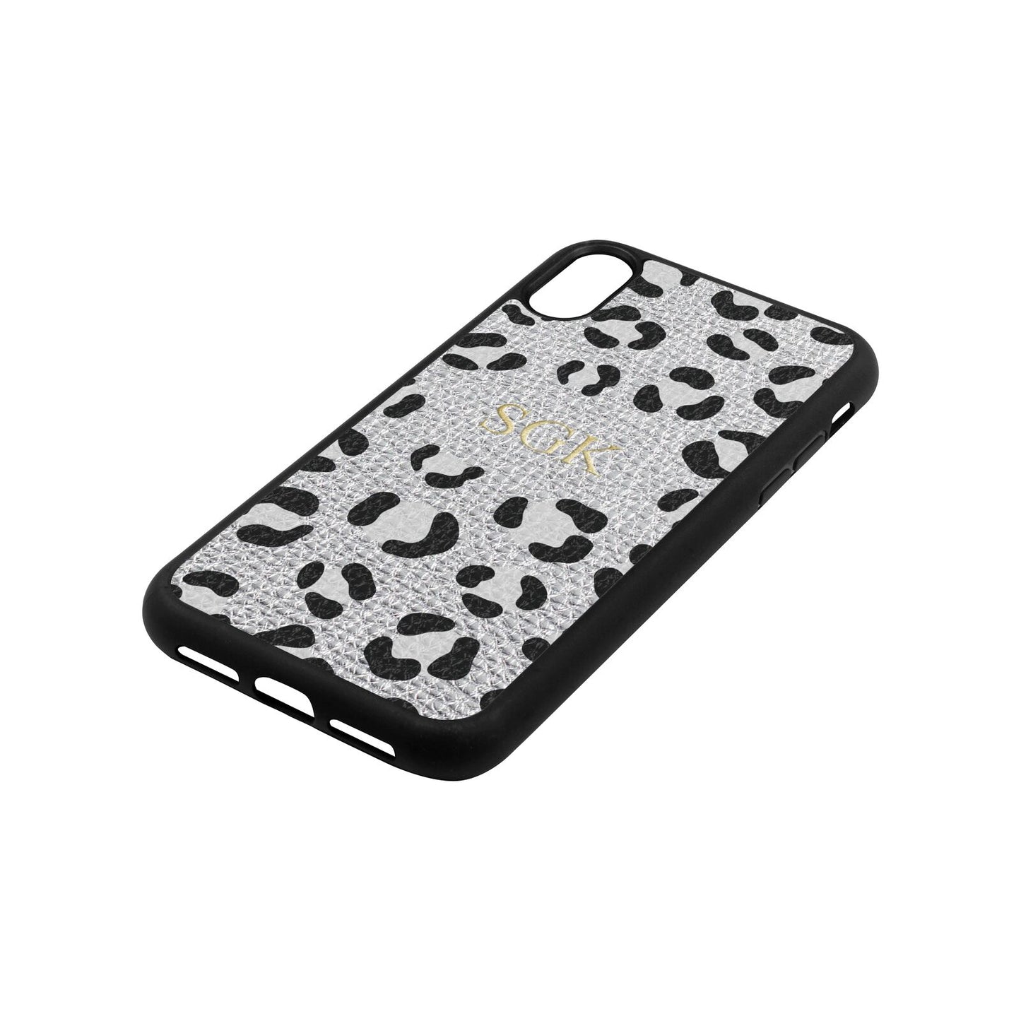 Personalised Leopard Print Embossed Silver Pebble Leather iPhone Xr Case Side Angle