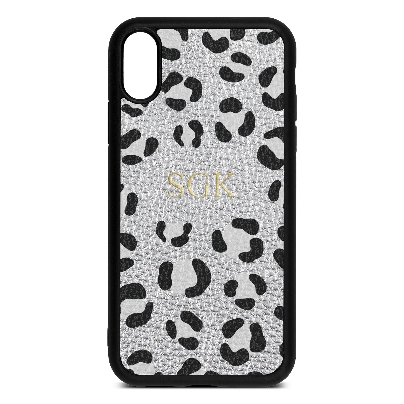 Personalised Leopard Print Embossed Silver Pebble Leather iPhone Xr Case