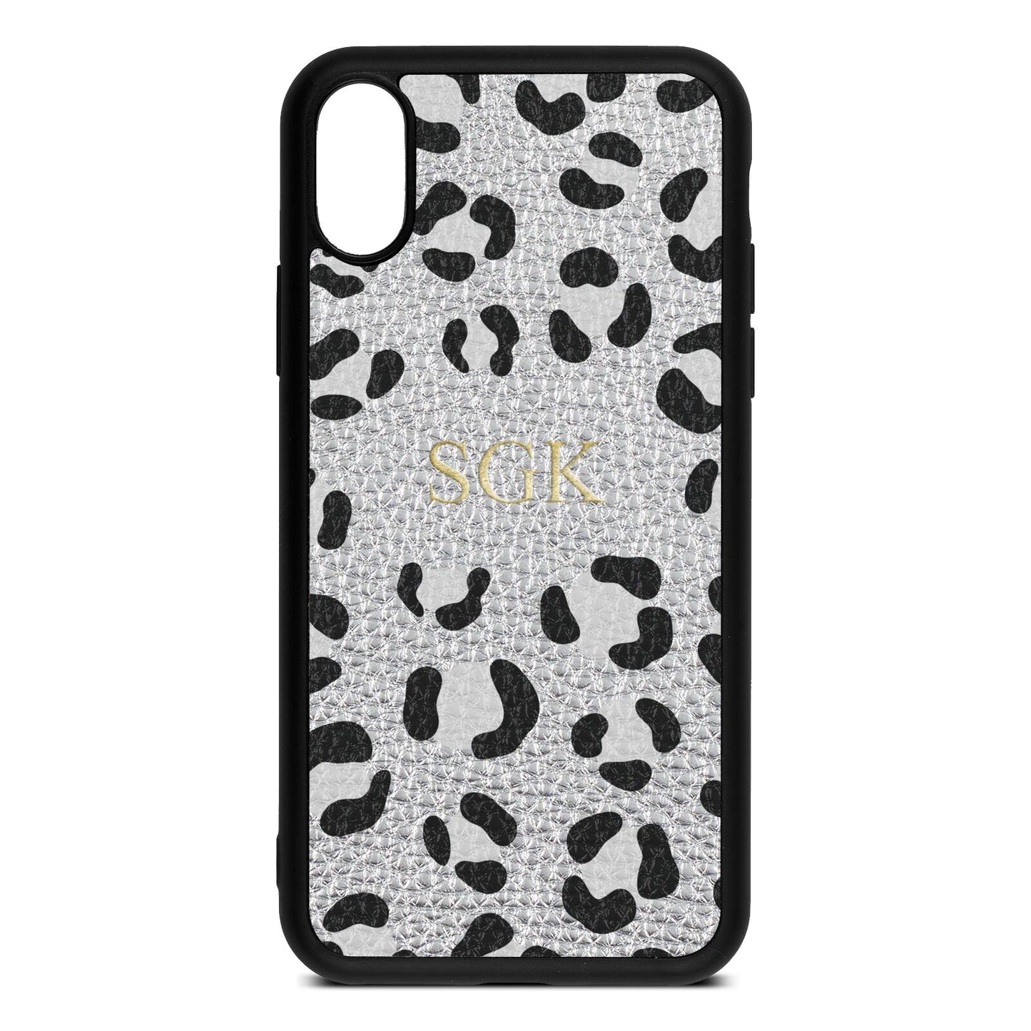 Personalised Leopard Print Embossed Silver Pebble Leather iPhone Xs Case