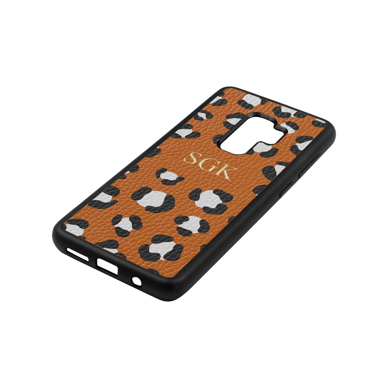 Personalised Leopard Print Embossed Tan Pebble Leather Samsung S9 Plus Case Side Angle