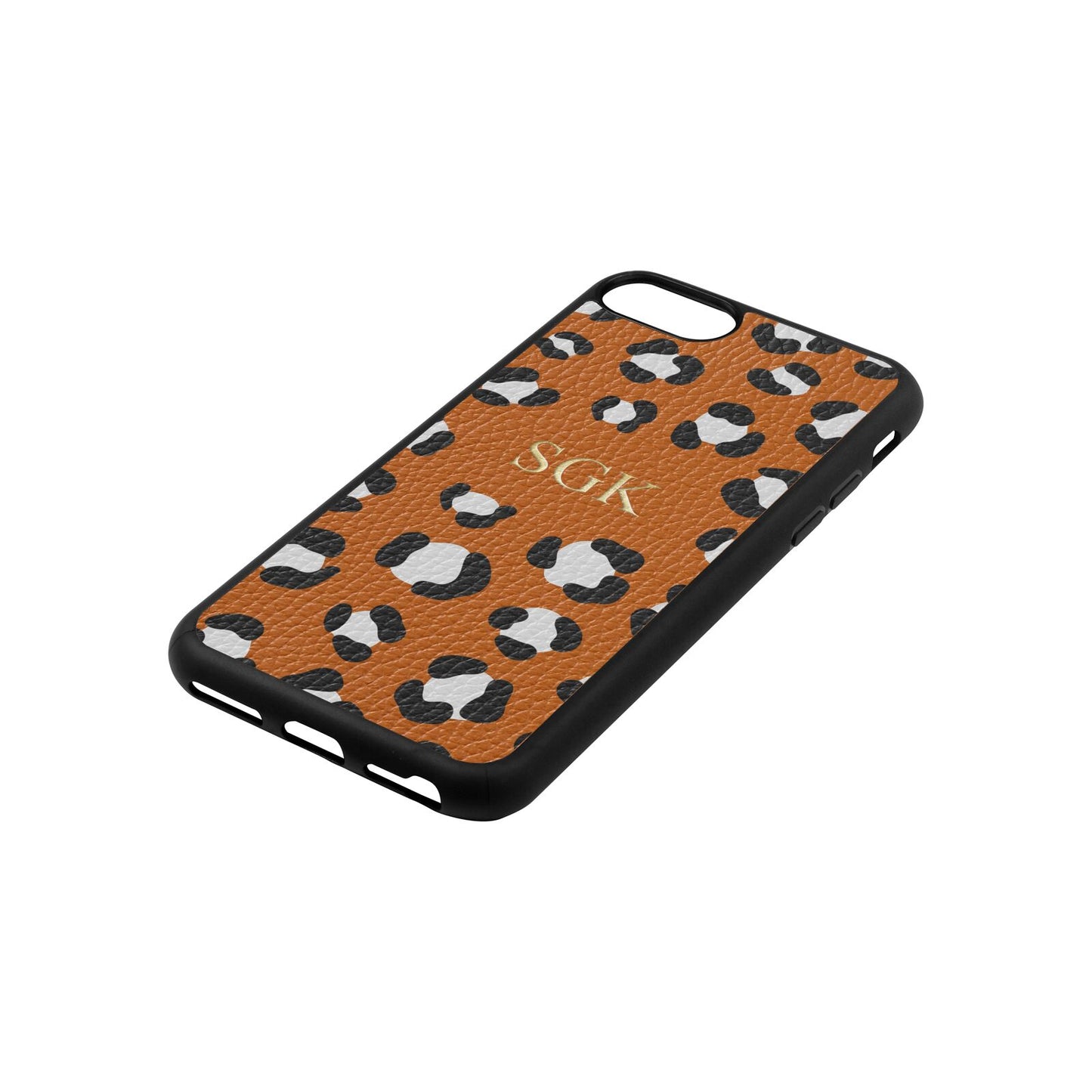 Personalised Leopard Print Embossed Tan Pebble Leather iPhone 8 Case Side Angle
