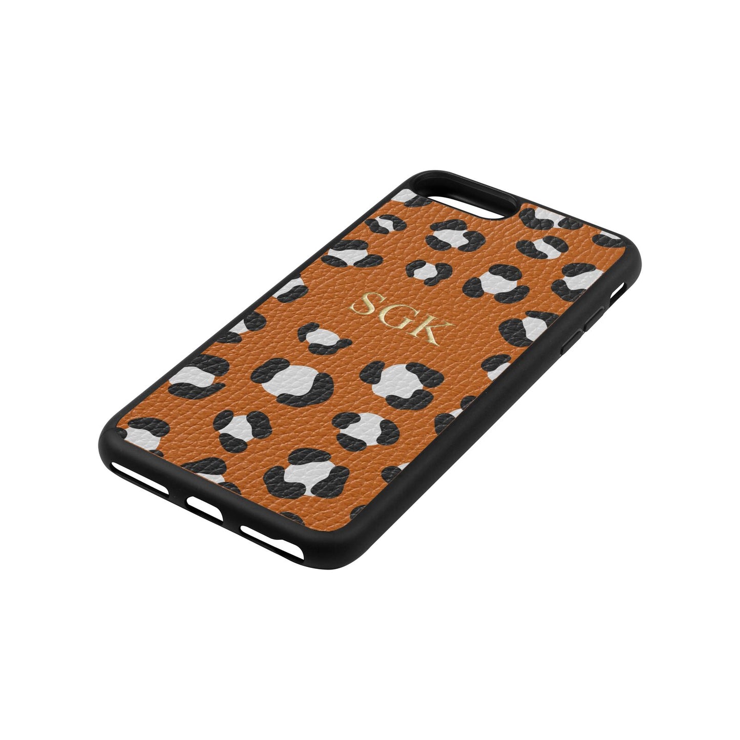 Personalised Leopard Print Embossed Tan Pebble Leather iPhone 8 Plus Case Side Angle