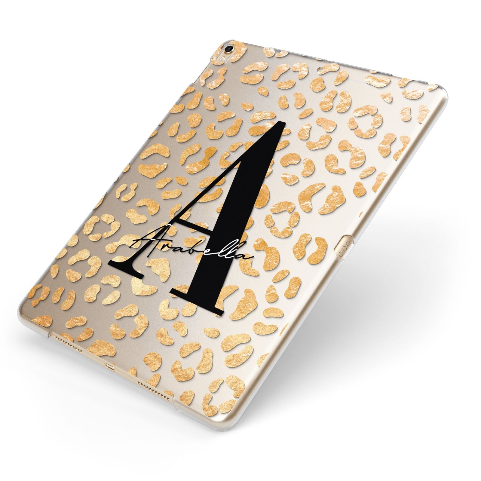 Personalised Leopard Print Gold Apple iPad Case on Gold iPad Side View