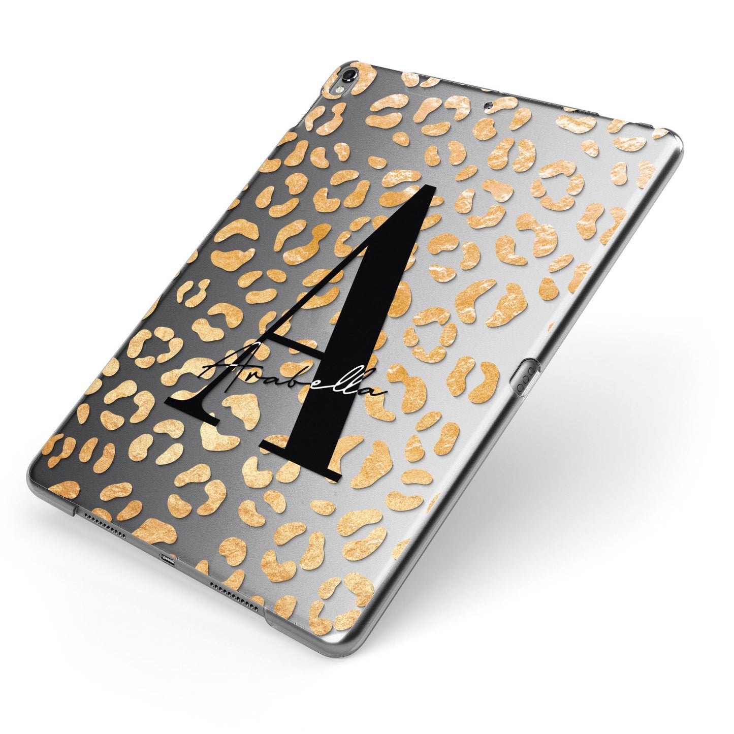 Personalised Leopard Print Gold Apple iPad Case on Grey iPad Side View