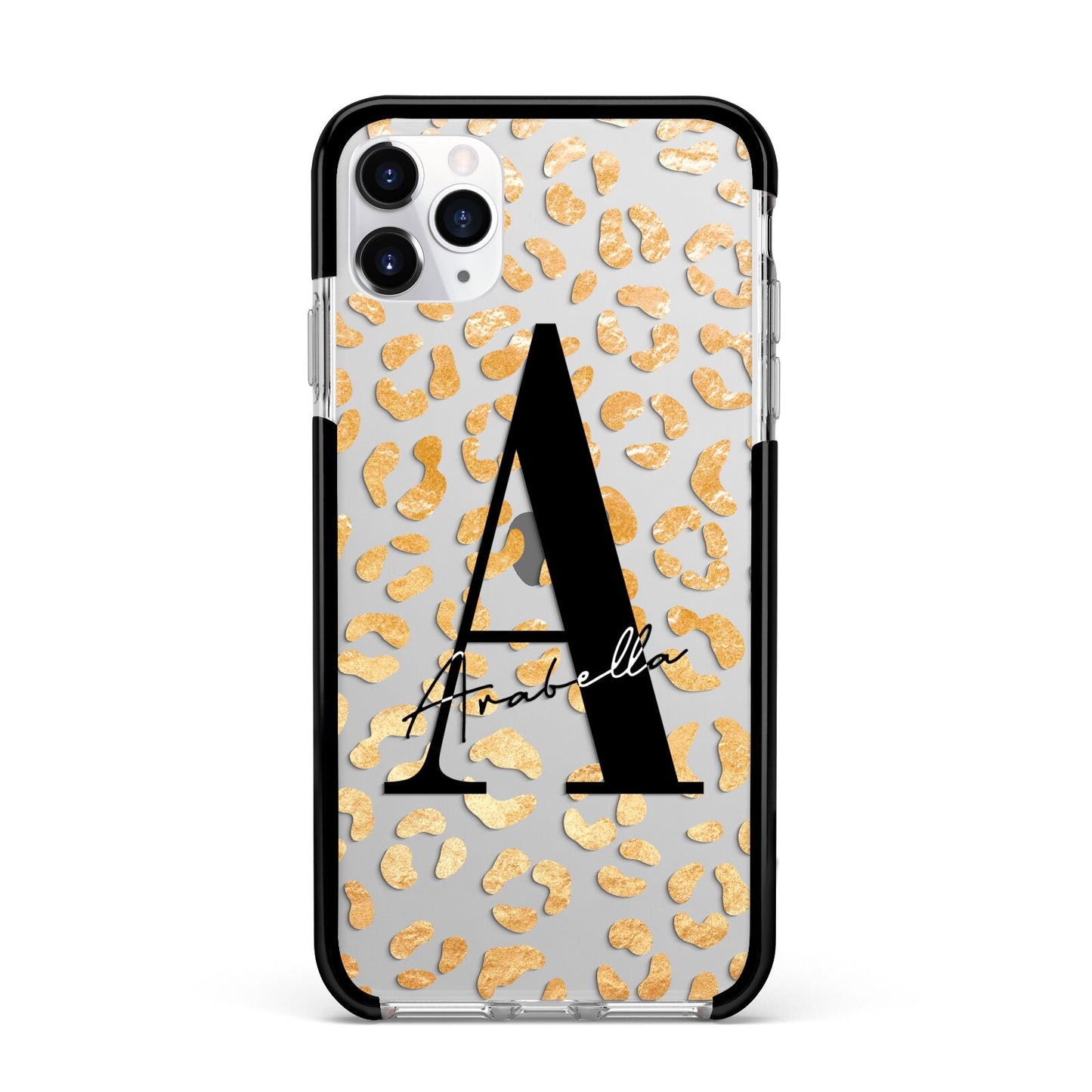 Personalised Leopard Print Gold Apple iPhone 11 Pro Max in Silver with Black Impact Case